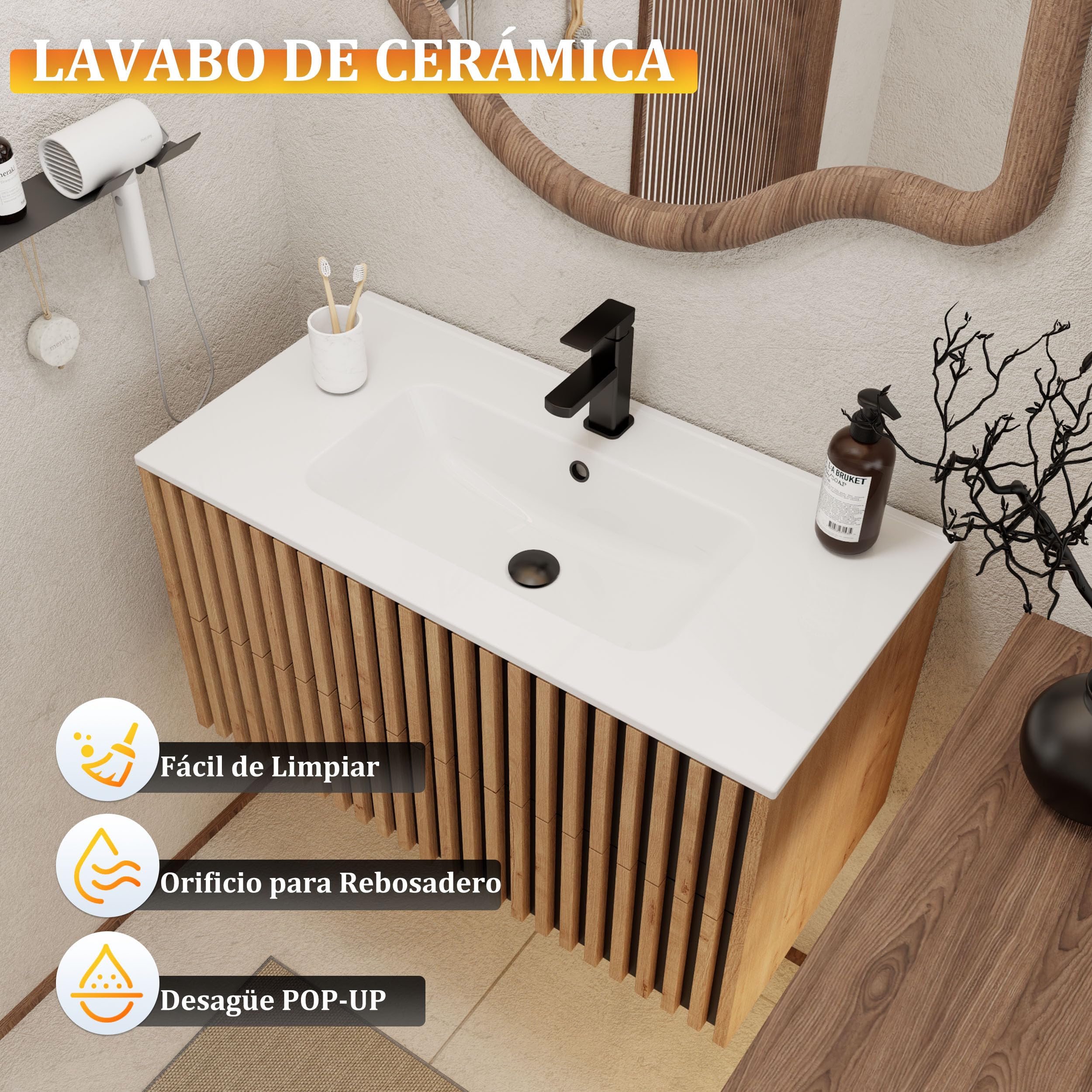 UEV 90CM Mueble de Baño Suspendido con Lavabo de Cerámica, Mueble Lavabo Incluido con 2 Cajones para Almacenaje, Moderno y Práctico, Natural