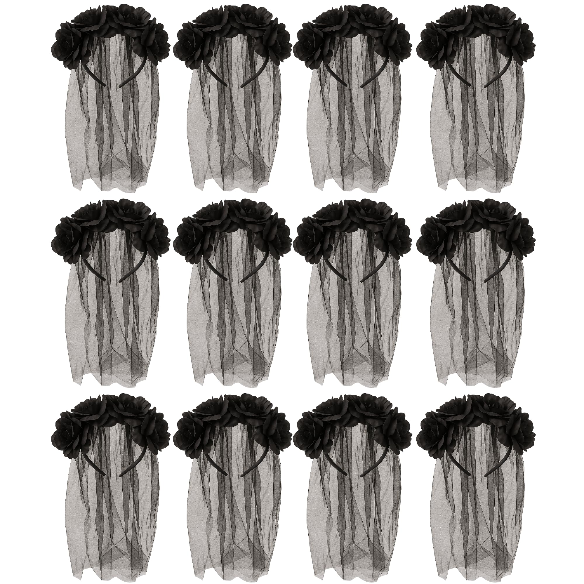 FUN FABLES Gothic Bride Veil Headband with Black Flowers & Long Veil | Halloween Black Headpiece for Women | Corpse Bride, Zombie, Day of the Dead & Fancy Dress Costume Accessory (12)