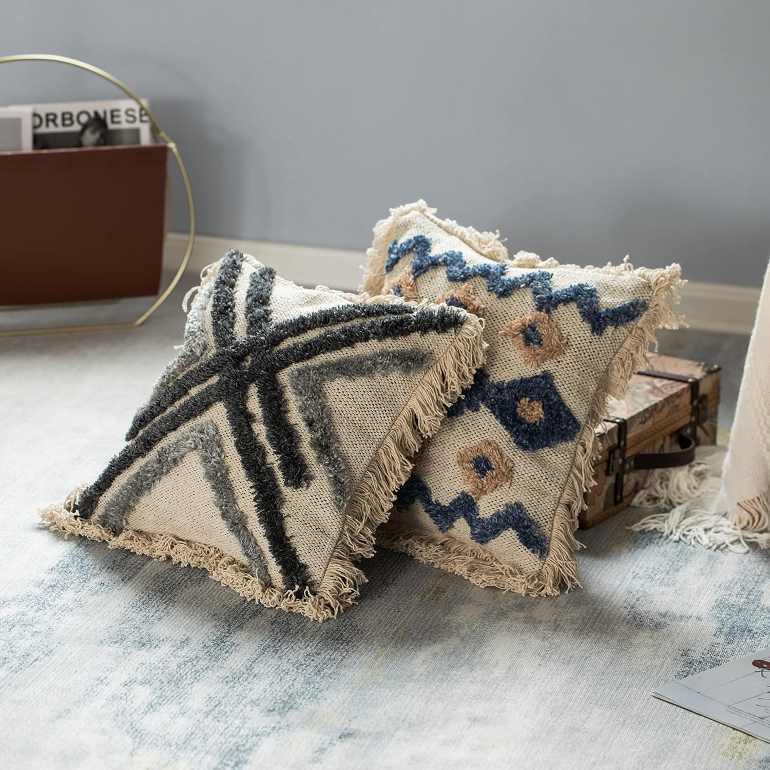 Deerlux 16" Handwoven Cotton & Silk Throw Fringed Pillow Cover with Embossed Crossed Lines, Black & Natural