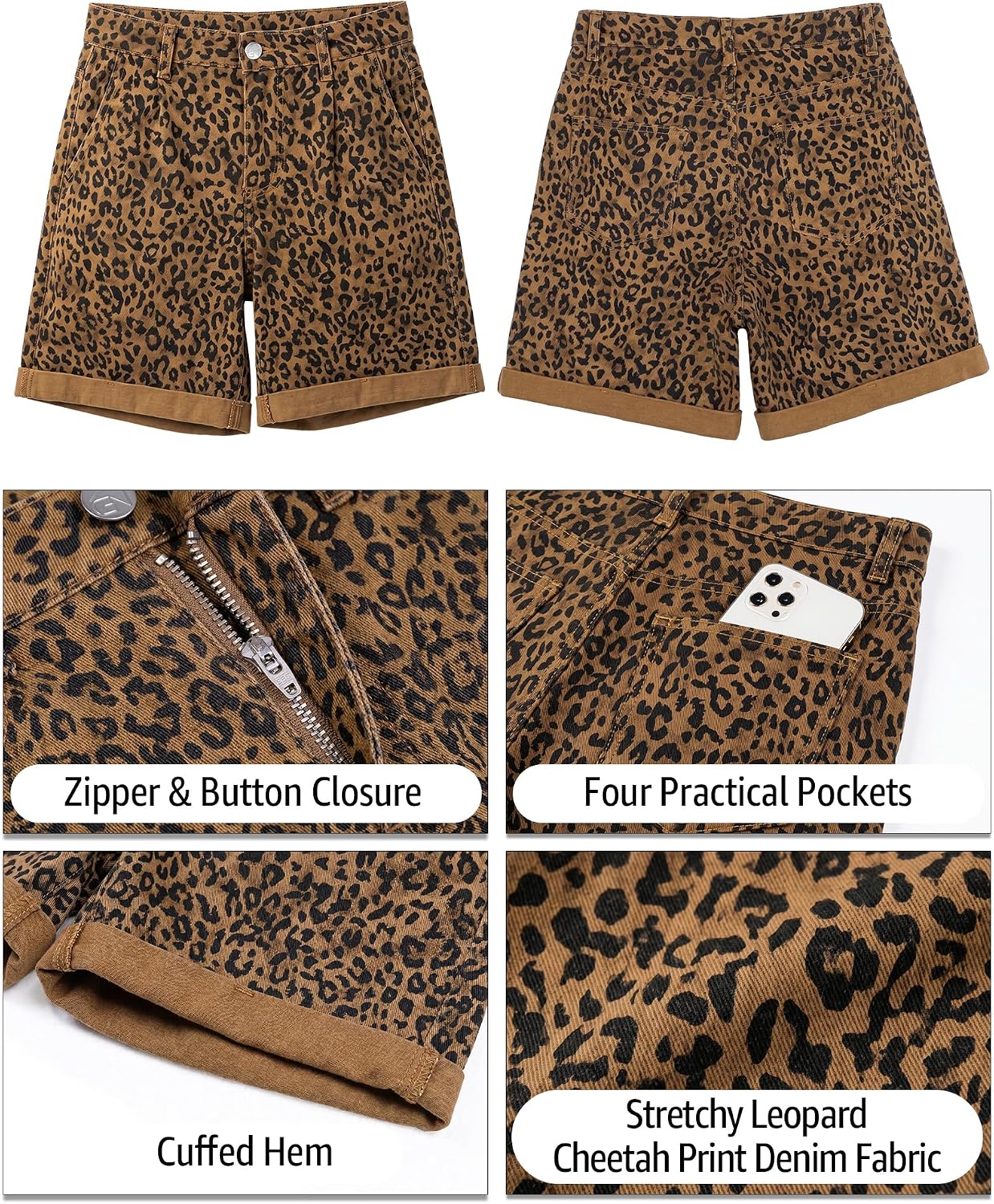 GRAPENT Jean Shorts Womens High Waisted Cheetah Leopard Print Cuffed Hem Stretchy Pleated Long Denim Shorts Summer Jorts
