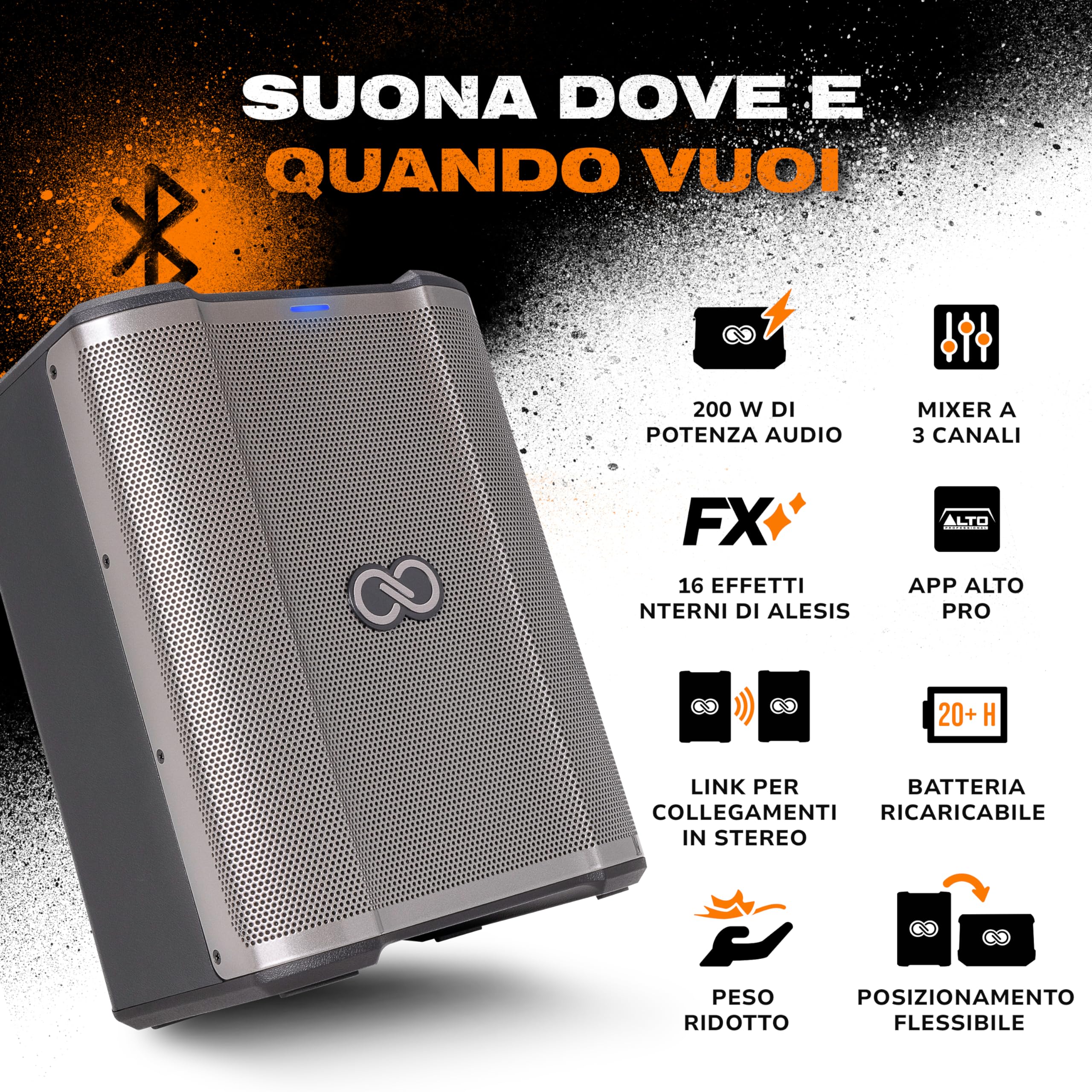 SHEERAN Special Edition Busker - PA portatile da 200 W con batteria ricaricabile, Bluetooth, mixer a 3 canali, effetti Alesis, app, ricarica USB