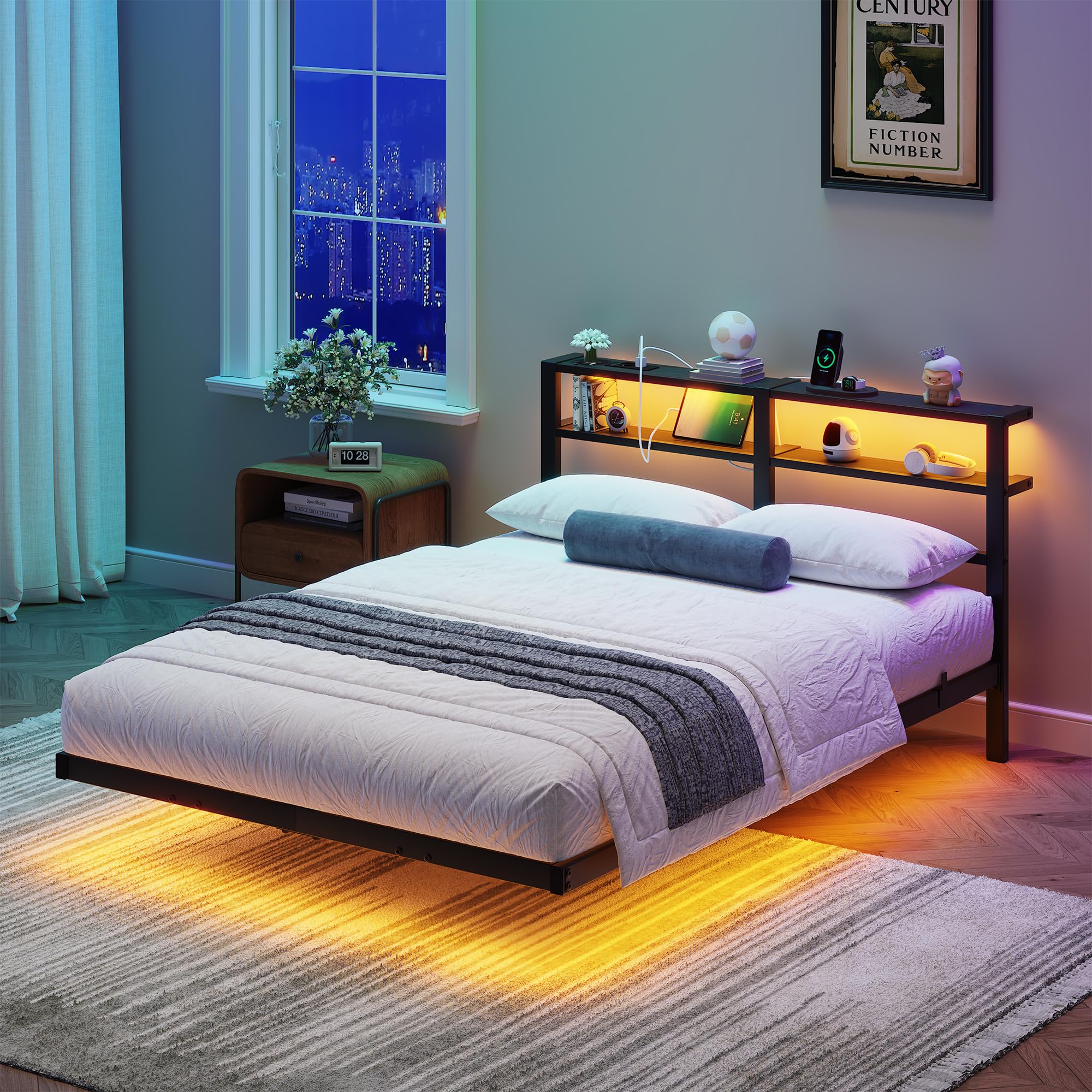 Lit flottant en métal, 140 x 200 cm, avec lumières LED, station de charge USB et tête de lit double étagère, cadre en acier robuste, silencieux, noir