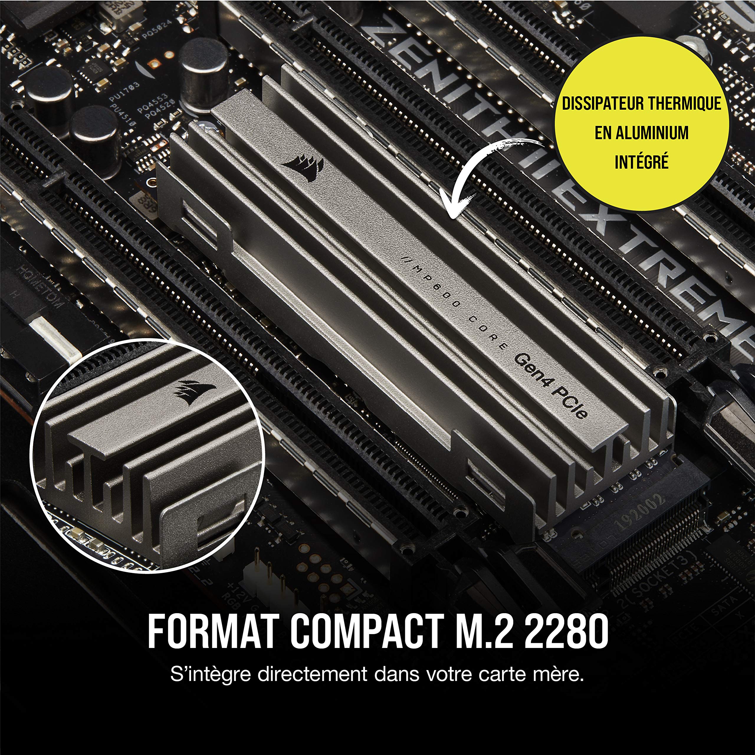 Corsair MP600 Core 2 to M.2 NVMe PCIe x4 Gen4 Disque SSD (Jusqu’à 4 950 Mo/s de Lecture Séquentielle et 3 700 Mo/s d’écriture Séquentiellet, Interface Haut Débit, NAND QLC 3D) Aluminium