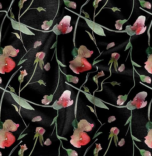 Soimoi The Yard - Tela negra de rayón  56 pulgadas de ancho  Sweet Pea & Leaves Watercolor Haven textil  fusión suave y caprichosa para varios usos