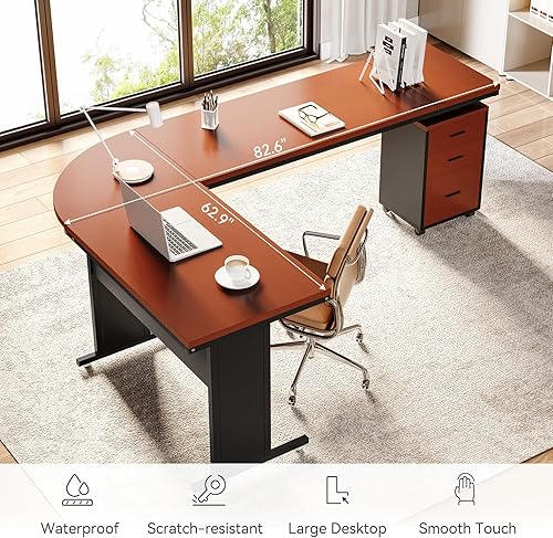 Miniatura 22 de LITTLE TREE Escritorio ejecutivo grande de 82.67 pulgadas de largo en forma de L para computadora con archivador móvil de 3 cajones, mueble