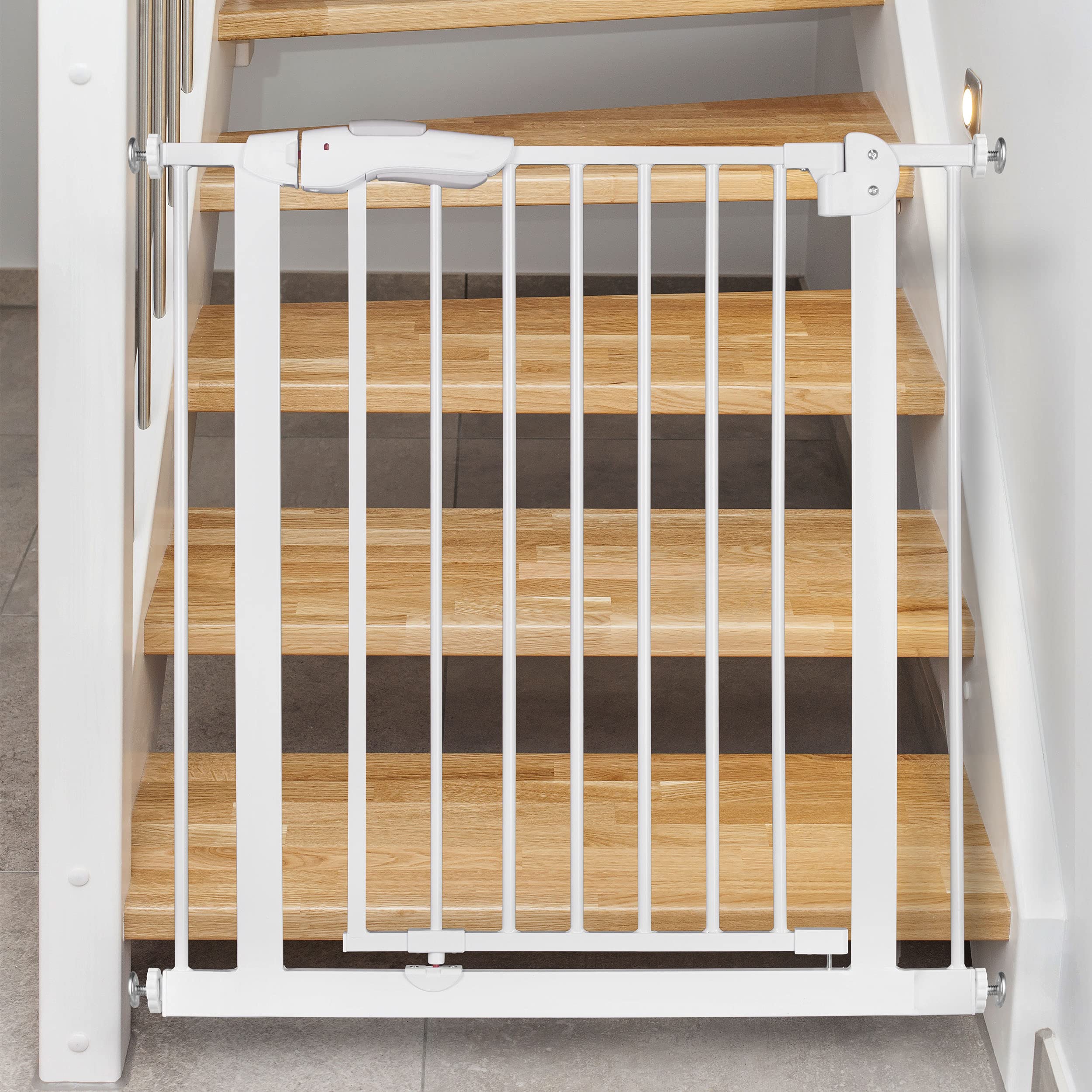 Nukido Treppenschutzgitter Ohne Bohren Türschutzgitter 90° Stop Türgitter Baby Kinder Kindergitter Schutzgitter Breite Verstellbar 75-105 cm Weiß 105 x 78 cm