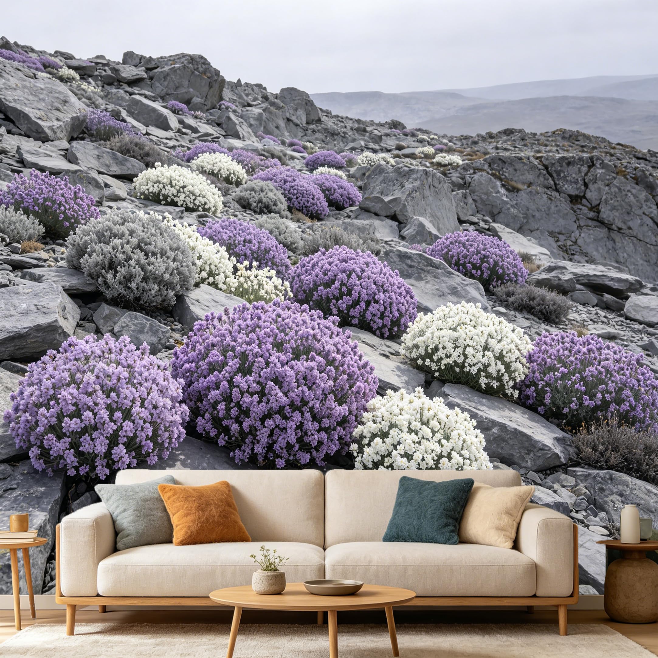 Custom Size Wall Mural Alpine Landscape Purple White Mountain Flowers Rocky Terrain SelfAdhesive Art Prints wall Fabric（No PVC） Removable Wallpaper Home Bedroom Decor