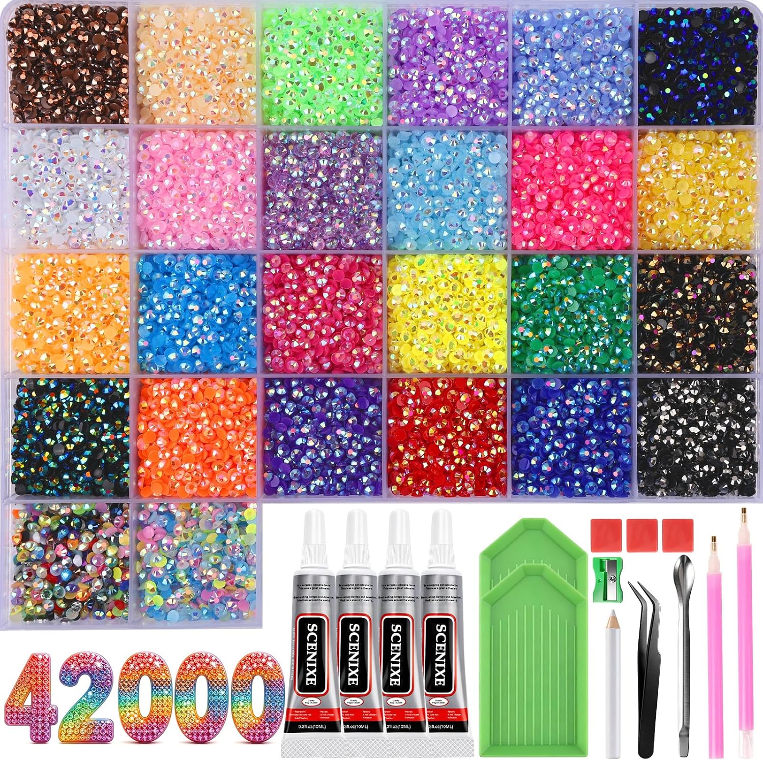 42000Pcs Resin Jelly Rhinestones Kit, 3mm Multicolor Flatback Rhinestones for Diamond Art, All-in-One Bedazzler Kit with 4Pcs Jewelry Glue & Rich Tools for Bedazzle Thing Crafting Book Nail Art