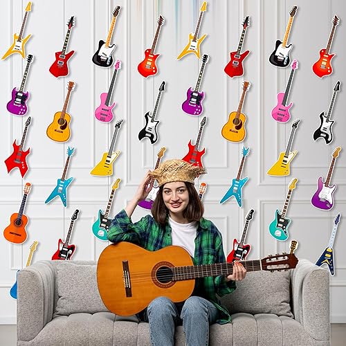Miniatura 7 de Pancartas colgantes de guitarra, decoraciones de fiesta de cumpleaños, notas musicales, guirnalda de papel de roca para instrumentos musicales,