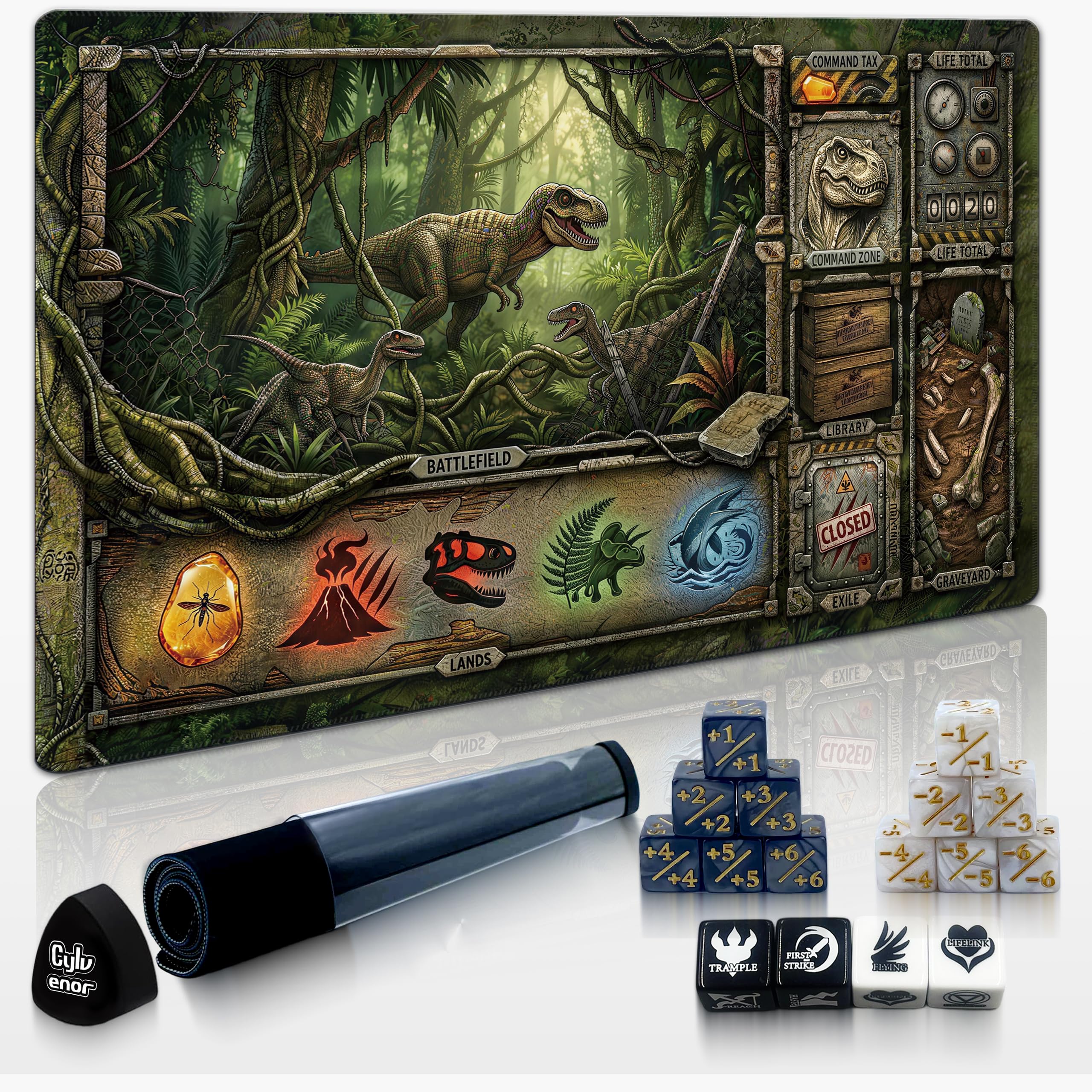 61 x 35,6 cm MTG-Spielmatte mit Aufbewahrungsröhre und 16-teiligem Würfelset – rutschfeste Gummi-TCG-Kartenspielmatte, genähte Kanten, Tischspielmatte (Raptor Jungle, REX-Serie)