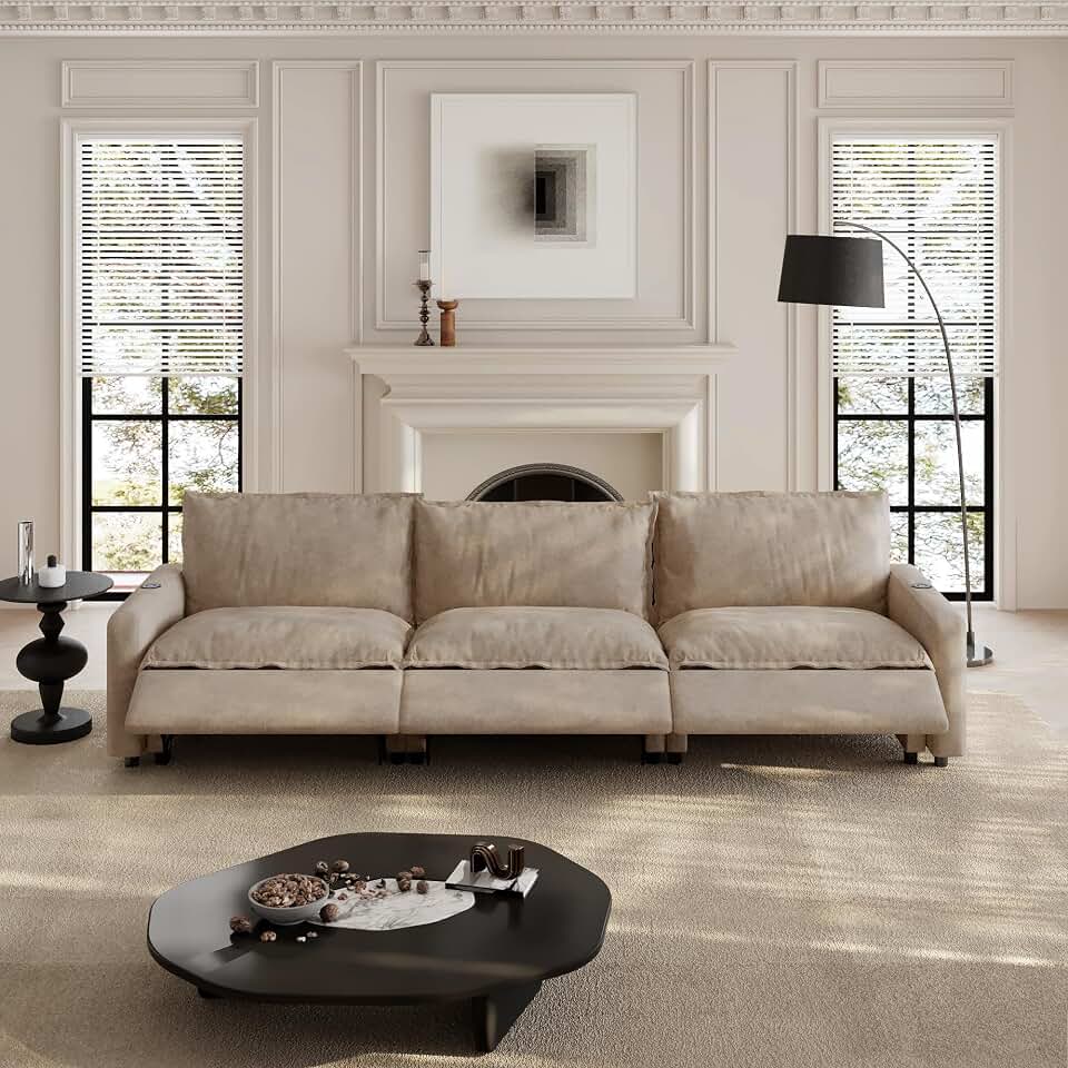 116.14" Power Reclining Sofa with Wireless Charging & Heated Seats,Smart Recliner Sectional Couch,Zero Gravity Recliner Sofa,Deep Seat Cloud Couch for Living Room Home Theater,Khaki,3 Seats
