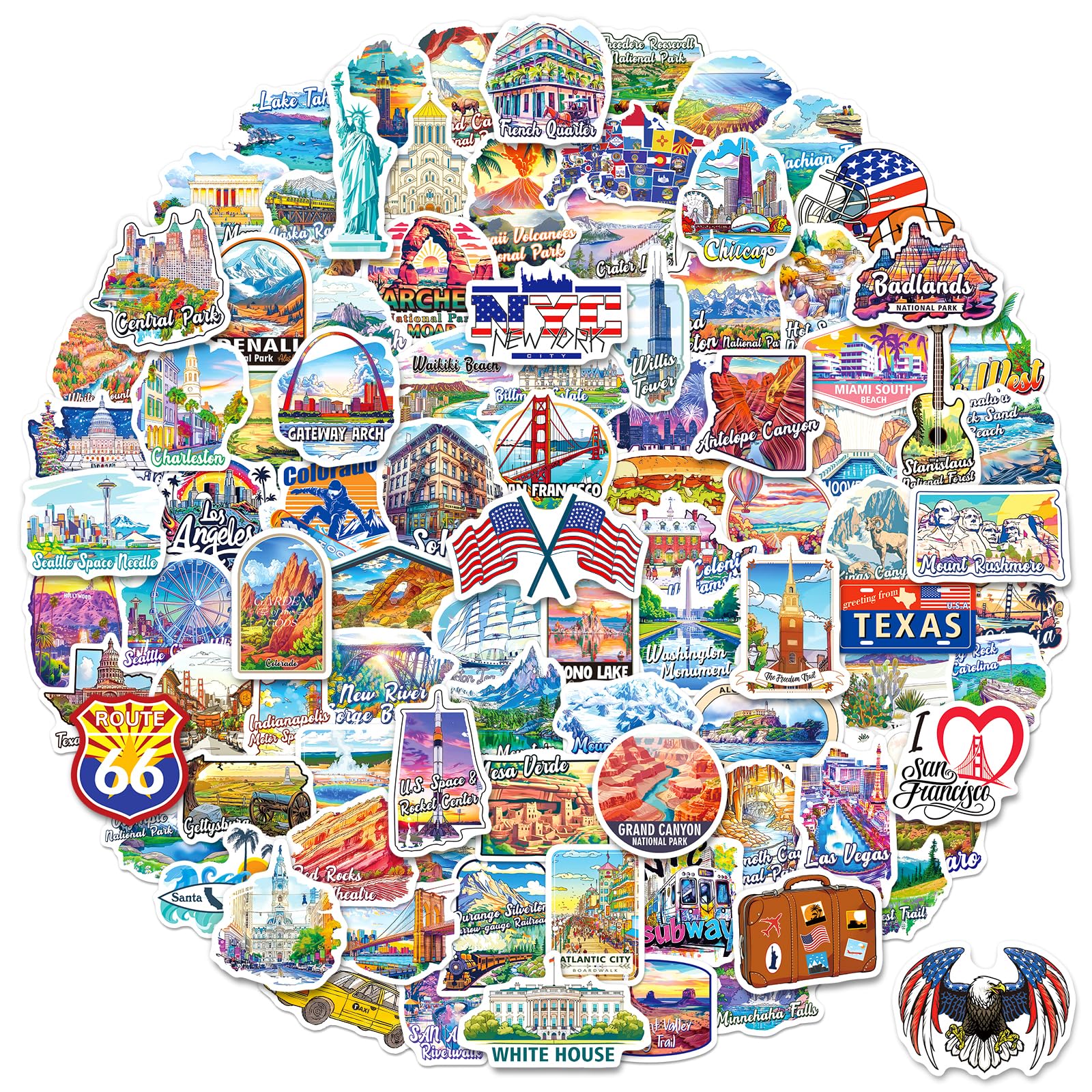 Rzaemuush 200PCS Travel Stickers, US Iconic Stickers USA National Park Sticker Pack Waterproof Souvenir Vinyl Decals for Scrapbooking Water Bottle