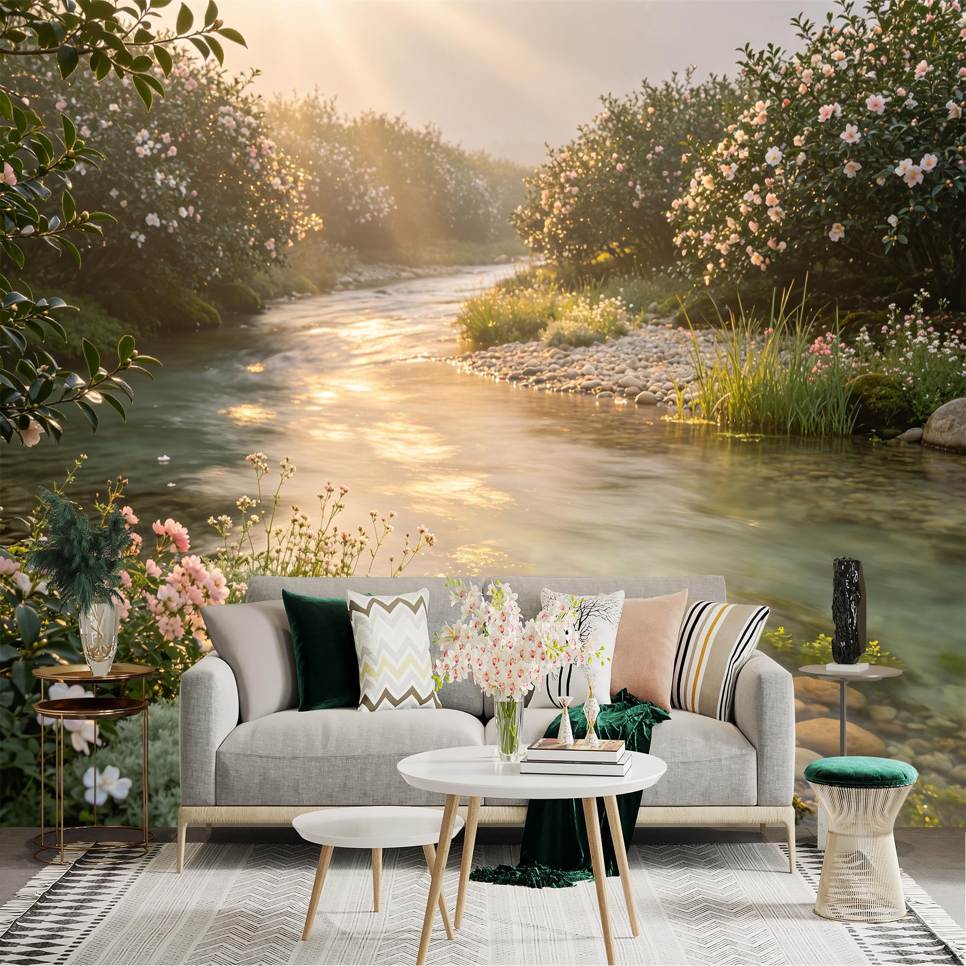 Lnzczhyre Bh260719146 Custom Size Wall Sticker Mural， Serene River Flowing Through Blooming Spring Garden， Soft Morning Sunlight， For Wall Decoration， Peelandstick Wall Decals.