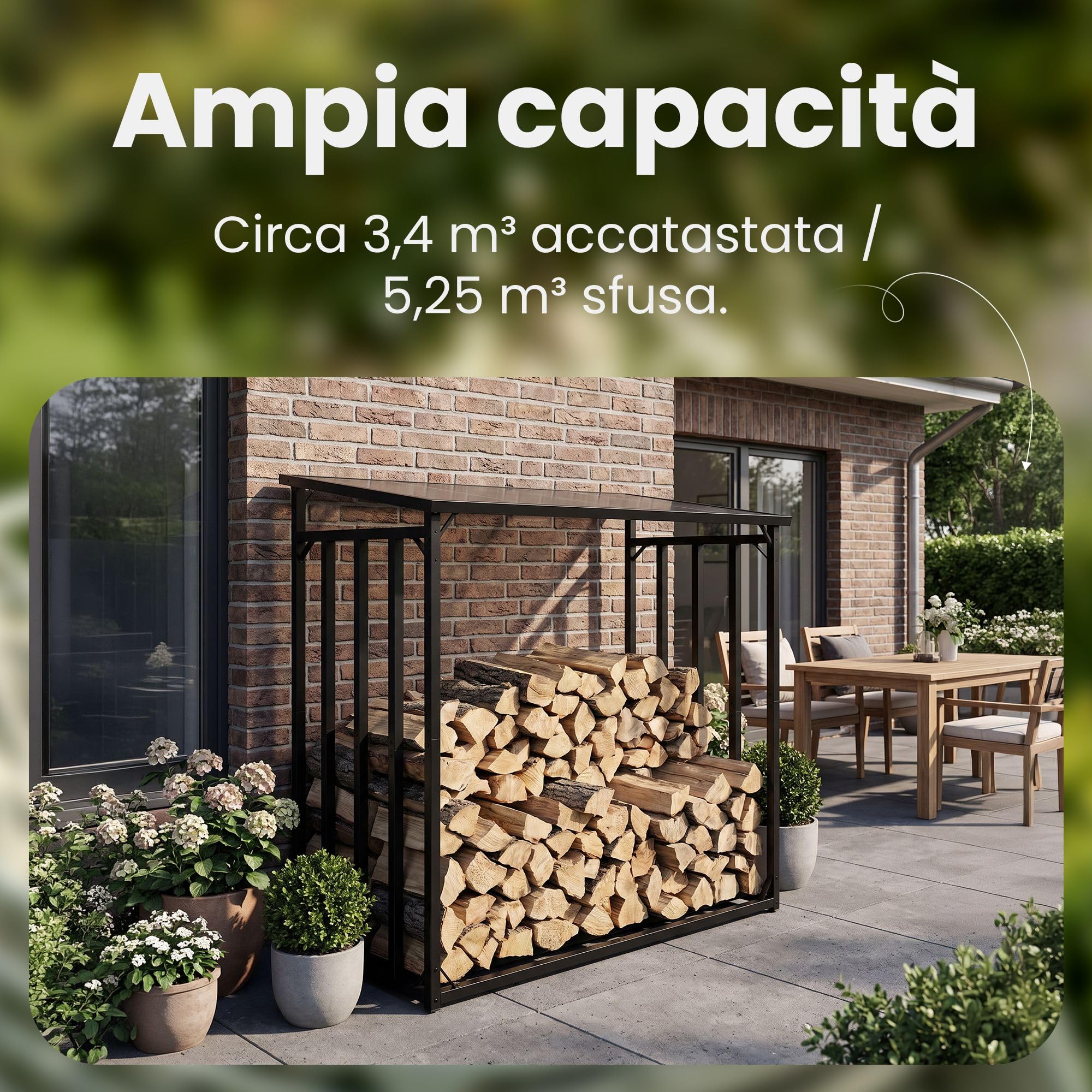 CLP Portalegna da Esterno 189x100x187 cm Desmond, deposito in Acciaio, Telo 600D Poliestere, Borsa Porta Legna in Regalo Dimensione 180 cm