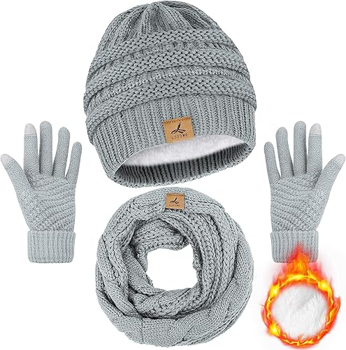 Gorro de invierno, bufanda, guantes de punto de forro polar cálido, guantes de pantalla táctil, bufanda, regalos de invierno para mujeres y hombres