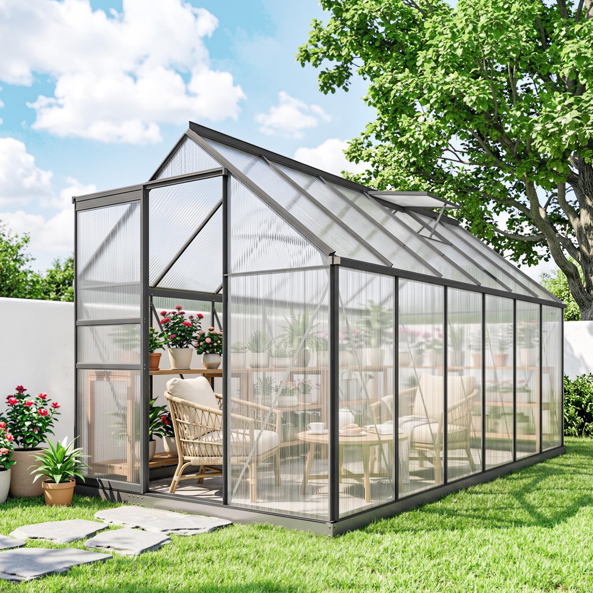 Outsunny Serre de Jardin 7 m² avec Fondation 190 x 375 x 199 cm Gris Foncé | en Aluminium Polycarbonate, Fenêtre Réglable, Porte Coulissante, Abri Extérieur Résistant aux Intempéries