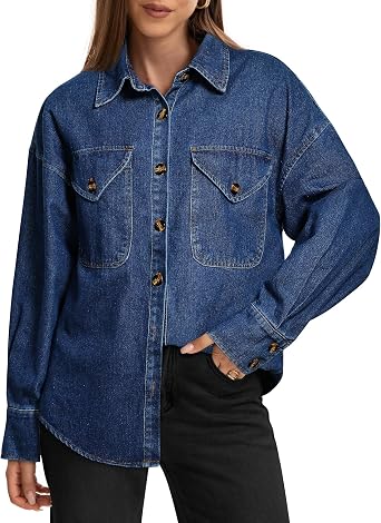 POTILI Womens Oversized Denim Shirt Long Sleeve Boyfriend Jean Jacket Button Down Blouse Top