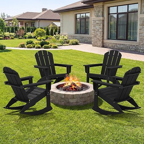 Miniatura 10 de SERWALL Modern - Juego de 2 sillas mecedoras Adirondack de polietileno de alta densidad para todo tipo de clima, para piscina, césped, jardín, Negro