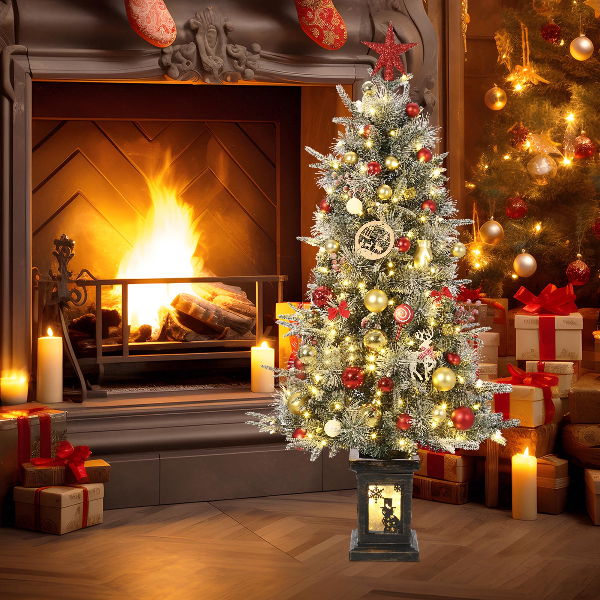 GarveeTech Schneebeflockter künstlicher Weihnachtsbaum 125 cm mit LED - 150 LEDs warmweiß/mehrfarbig, 8 Modi, PVC-Zweige - EU-Stecker, Schneemann-Lichtbox - 4ftH Frost Tree, Dual Color 8 Modes, 150LED