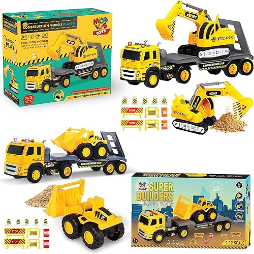 Paquete de vehículos de construcción 4 en 1, 2 camiones planos a escala 112, excavadora y tractor con luces y sonidos, juguete realista para