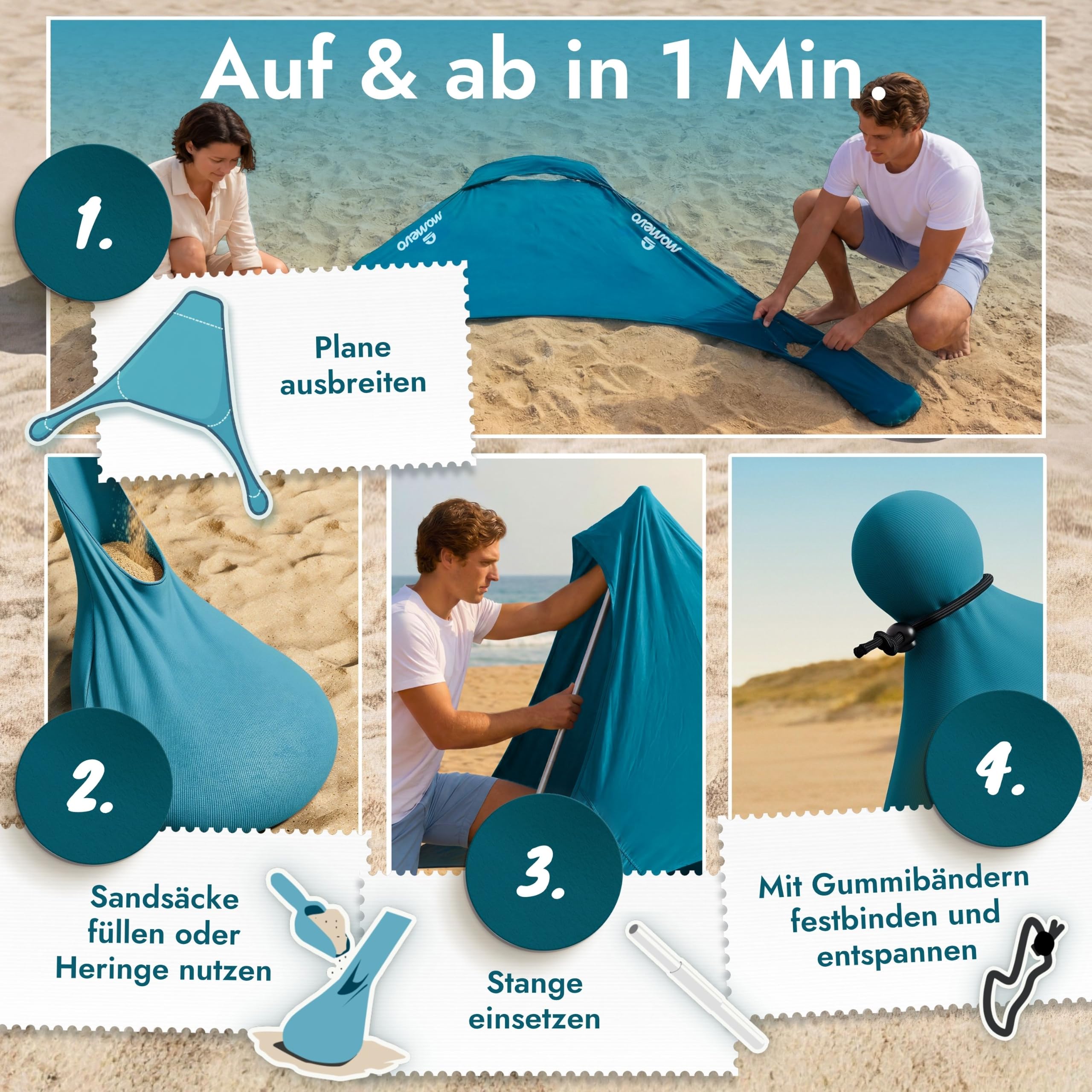 Sunsail Tipi Strandzelt - 1 Stange - Petrolblau für 1-2 Personen