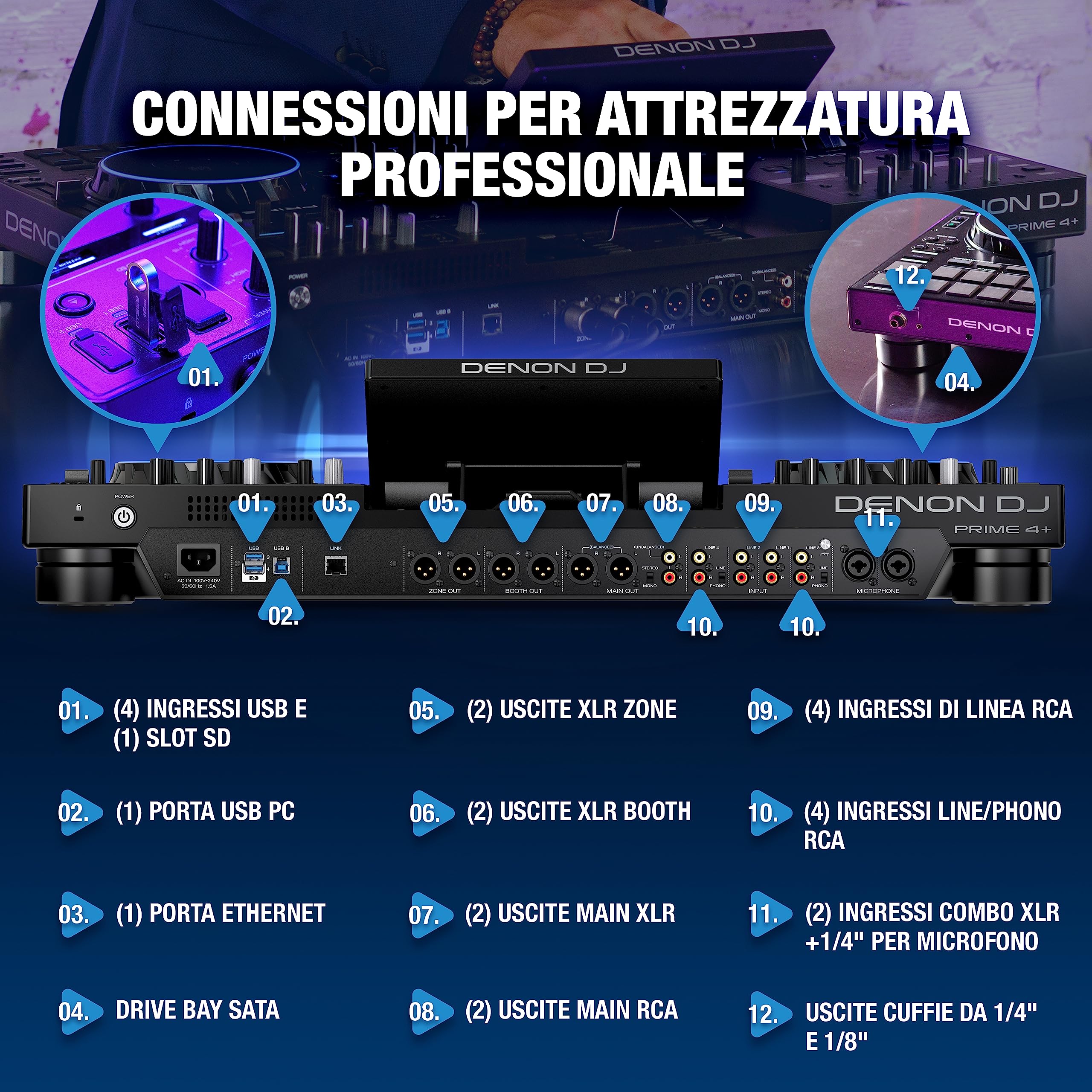 Denon DJ PRIME 4+ Controller 4-Deck Stem Separation Wi-Fi Mixer Drop Sampler 10.1" Touchscreen Luci Nero