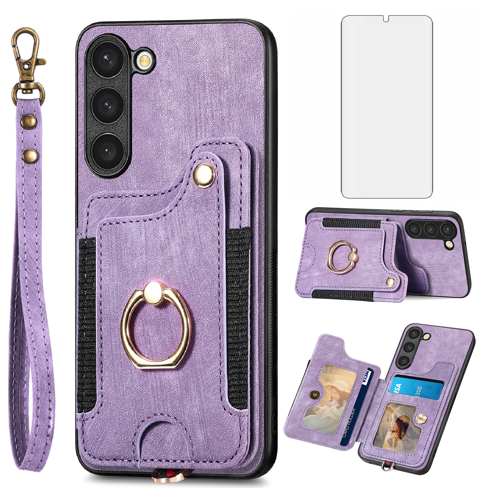 Phone Case for Samsung Galaxy S23 Plus S23+ 5G Wallet Cover with Screen Protector and Wrist Strap Lanyard RFID Credit Card Holder Ring Stand S23plus