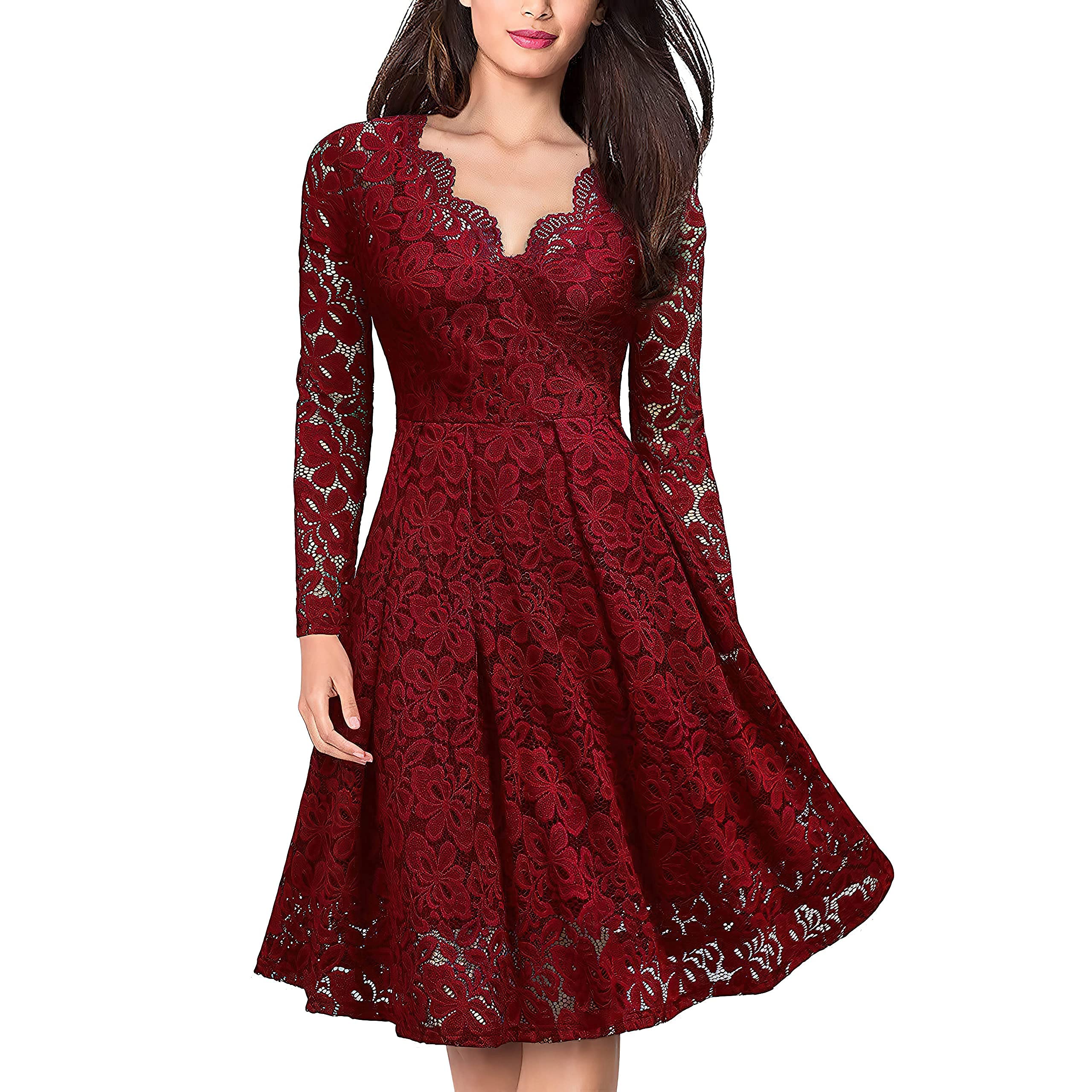 Women's Vintage Floral Lace Long Sleeve Bridesmaid Dresses V Neck Cocktail Party Dress Evening Wedding Midi Dress