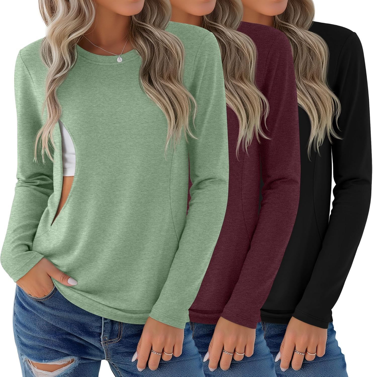3 Pack Nursing Tops for Breastfeeding Maternity Shirts Zipper Long Sleeve Round Neck Knit Casual Nursing Clothes