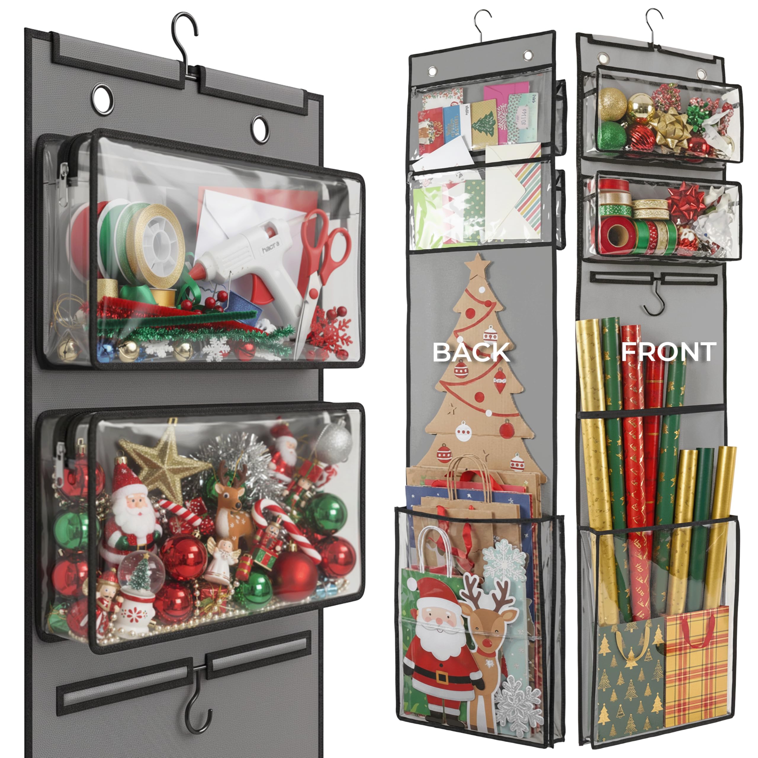 Homespells Wrapping Paper Organizer 63" – Double-Sided Vertical Gift Wrap Holder with 4 Zipper Bags, Transparent Pockets & Hooks – Space-Saving Storage for Gift Paper Rolls, Ribbons & Accessories