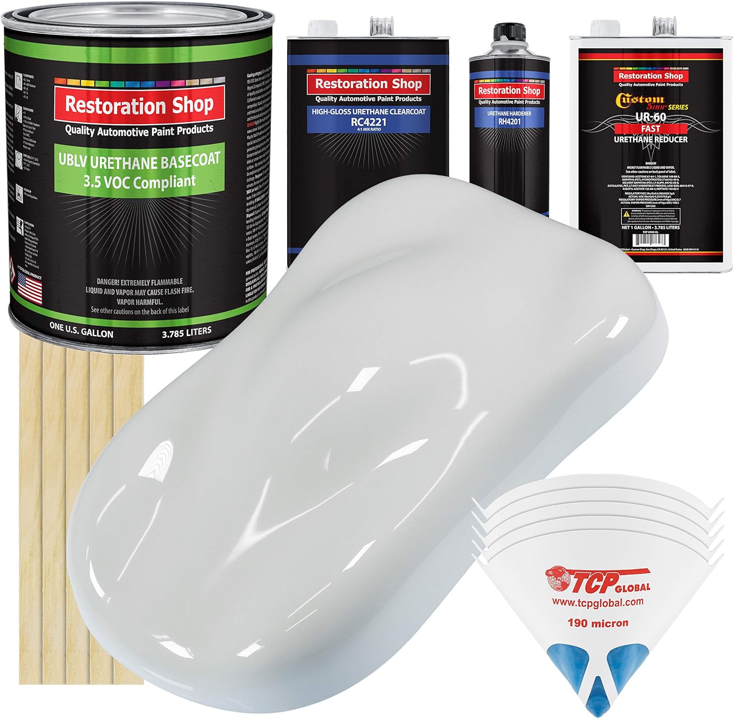 Restoration Shop - Championship White LOW VOC Urethane Basecoat with Clearcoat Auto Paint - Complete Fast Gallon Paint Kit - Professional High Gloss Automotive, Car, Truck Refinish Coating