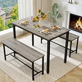 Sturdy Durable Dining Table Set for 4 with Bench&comma; Easy to Assemble Kitchen Table with Bench&comma; Space-Saving Ideal 4-Person Set&comma;Grey