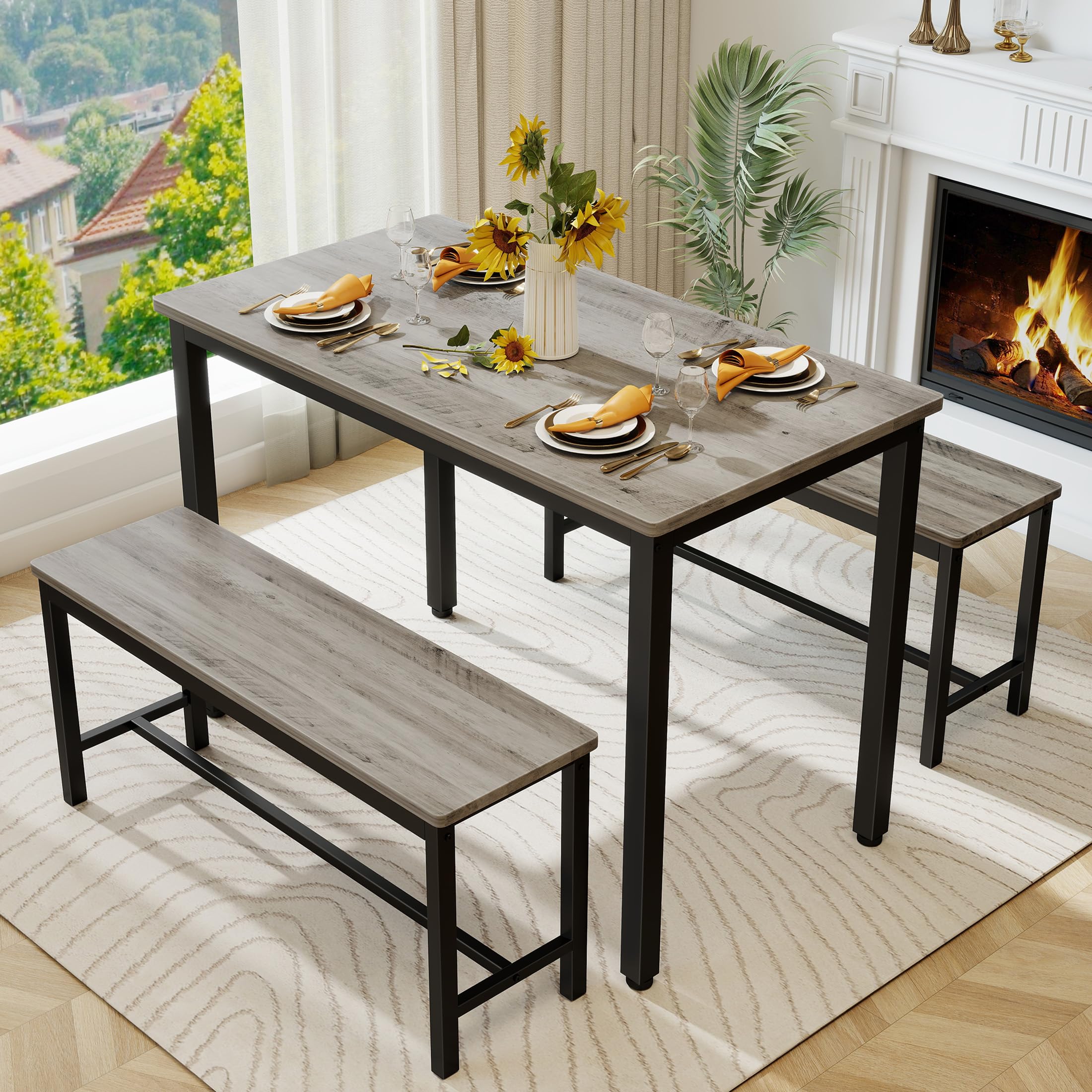 SumKea Bar 2 Dining Benches, 43.3'' Wood Kitchen Table & Chair Set for Breakfast Nook and Small Space, Engineered, Grey