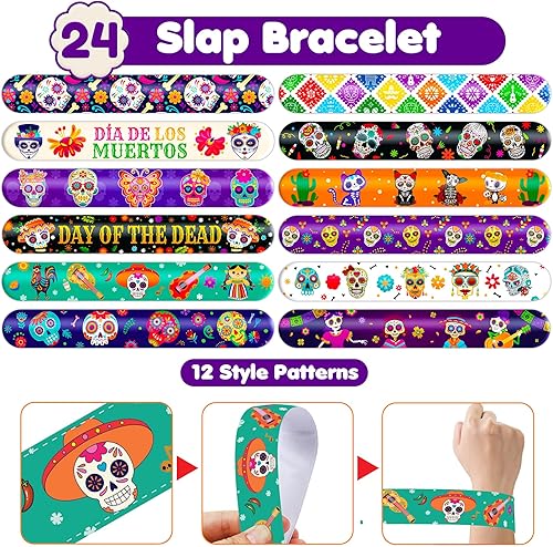 72PCS Day of the Dead Party Set | 48PCS Temporary Tattoos & 24PCS Slap Bracelets Fun Día de los Muertos Birthday Supplies, Baby Shower Gifts, Classroom Rewards & Party Decor for Kids