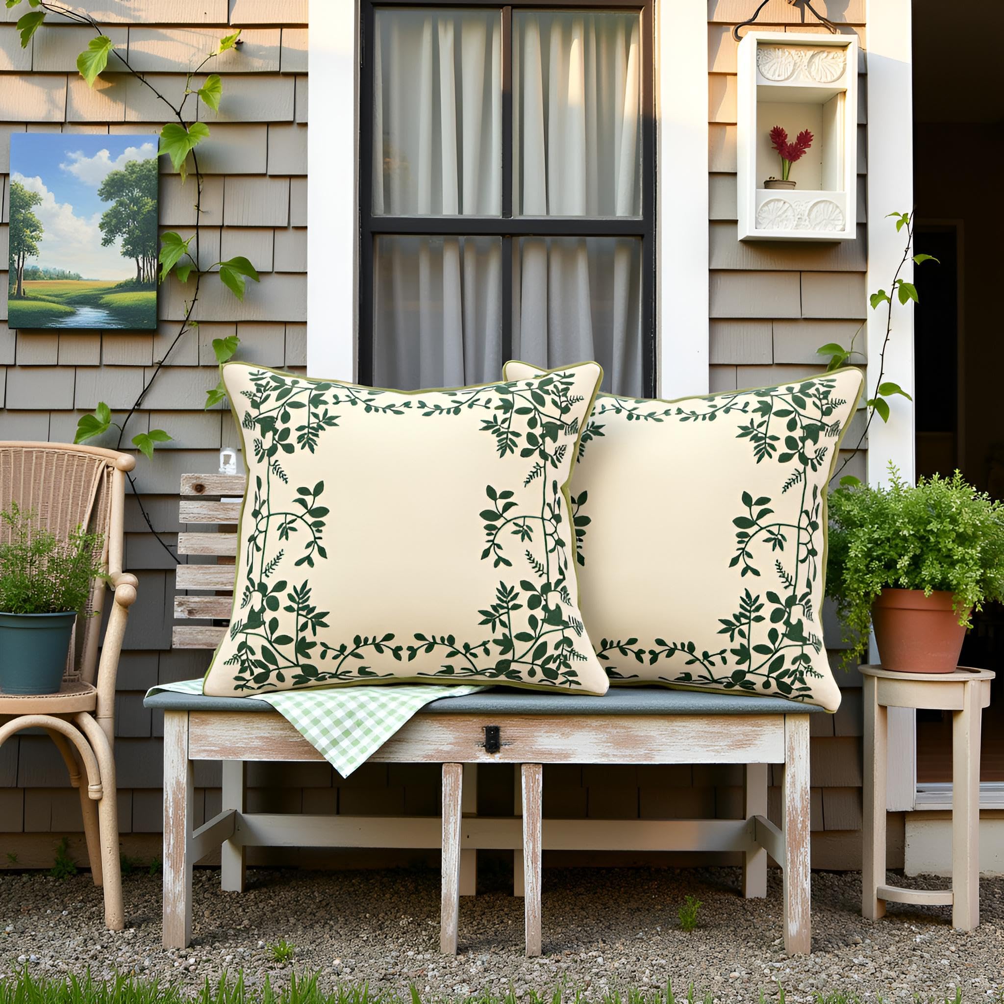 VAGMINE Federa Cuscino Decorativa In Lino Con Ricamo Foglie - Naturale, 45x45 Cm - 2