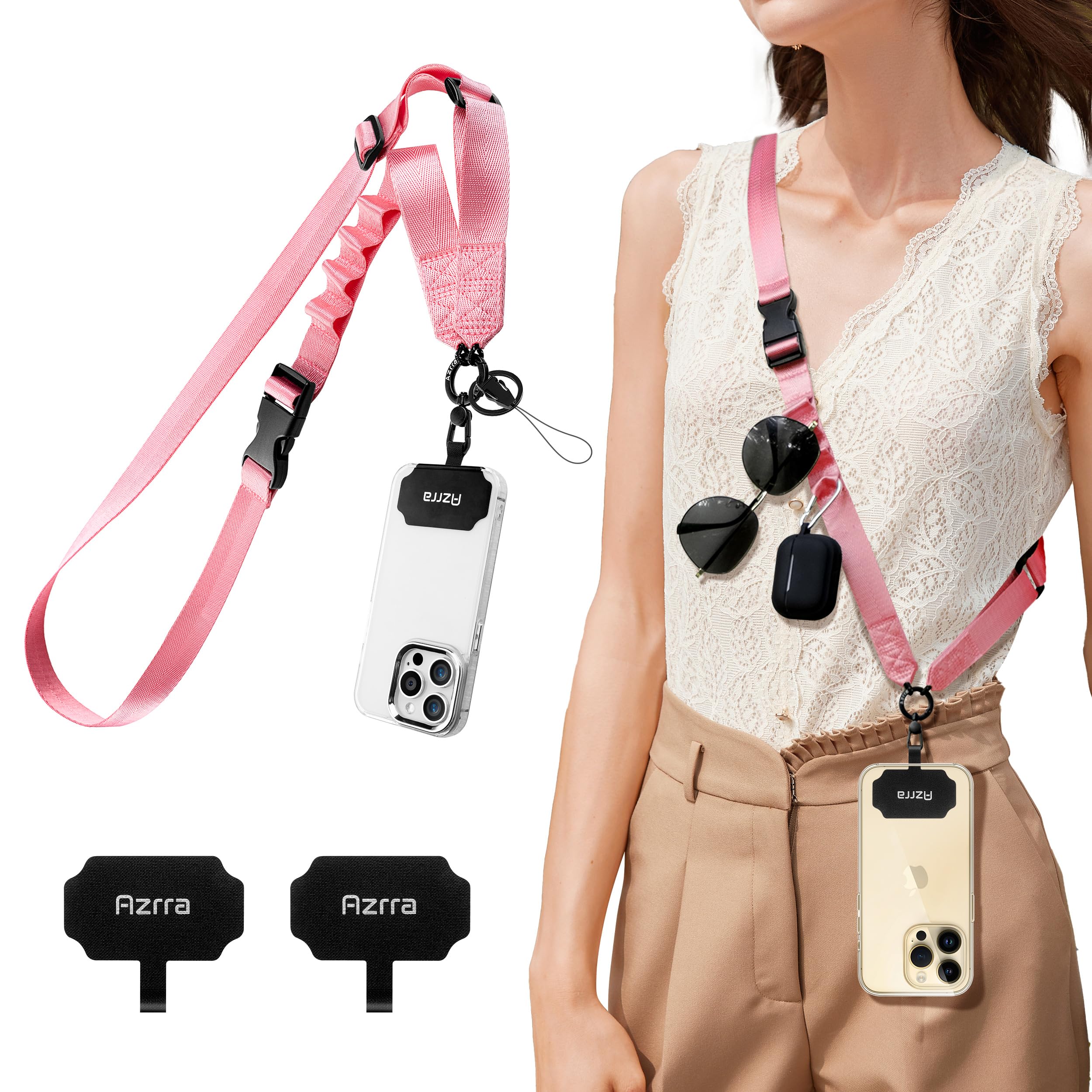 Azrra Phone Lanyard Crossbody, Cellphone Lanyard for Around the Neck, Adjustable Anti Theft Phone Strap, Black Crossbody Strap for iPhone Case, Keys, Earphone, Sunglasses, Wallet (Pink)