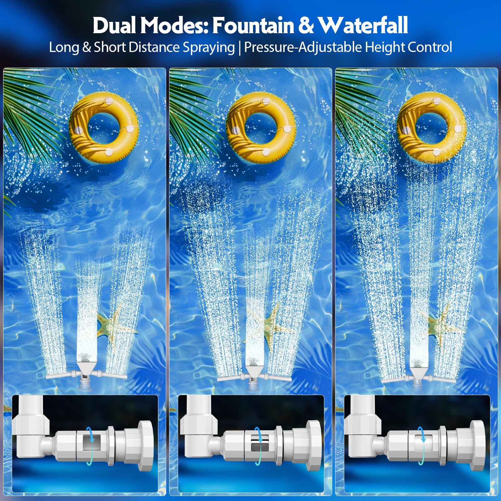 Cascata per Piscina Fuori Terra e Interrata con Luci LED Solari - Fontana a Doppia Testa 2 in 1 Regolabile, Raffredda l'Acqua 5-11°C, Telecomando, Accessorio per Piscine Intex