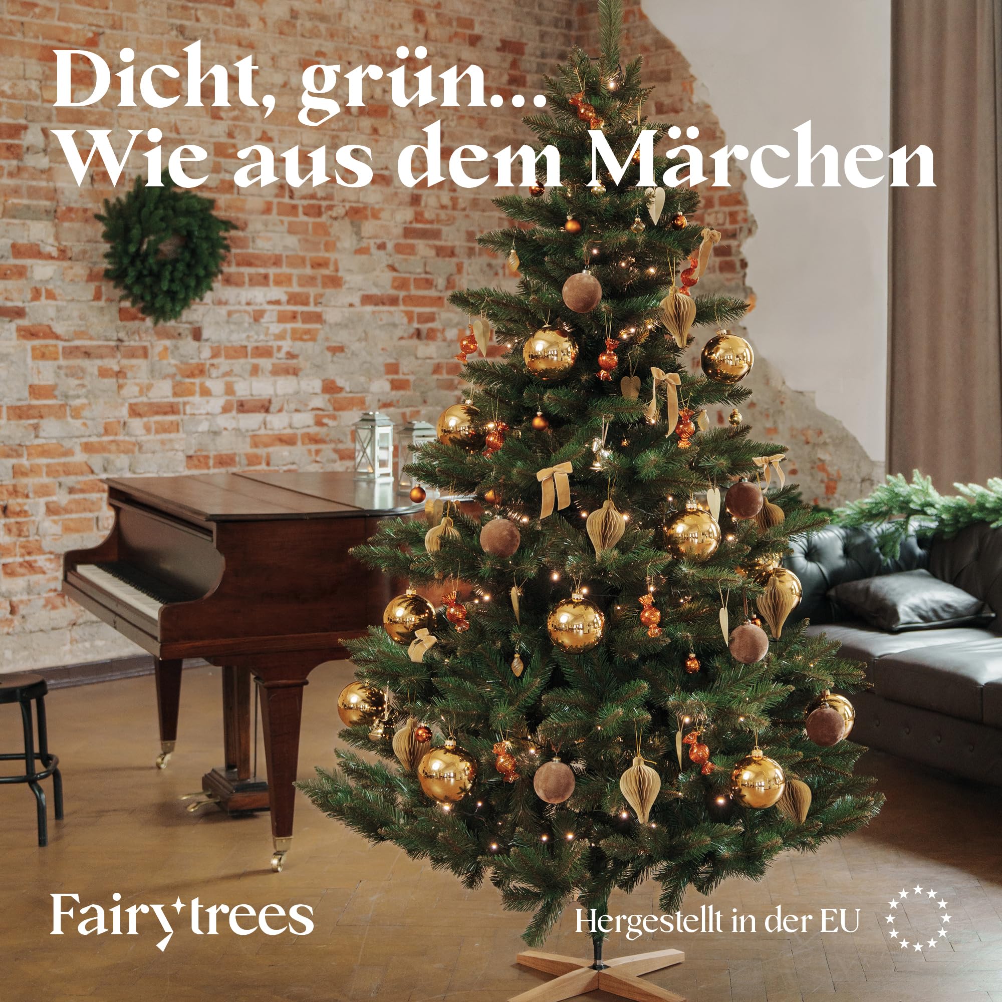 FairyTrees Weihnachtsbaum künstlich 180cm NORDMANNTANNE mit Christbaum Holzständer | TESTSIEGER Tannenbaum künstlich mit grünem Stamm | Made in EU