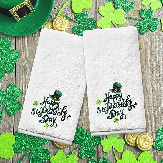 FUTBU St Patricks Day Hand Towels Set of 2, Green St Patricks Day Bathroom Decor Embroidered Shamrock Pattern, St Patricks Soft Dish Towels for Kitchen Bath 14x30 Inches 100% Cotton