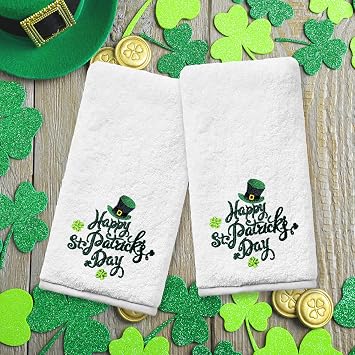 FUTBU St Patricks Day Hand Towels Set of 2, Green St Patricks Day Bathroom Decor Embroidered Shamrock Pattern, St Patricks Soft Dish Towels for Kitchen Bath 14x30 Inches 100% Cotton