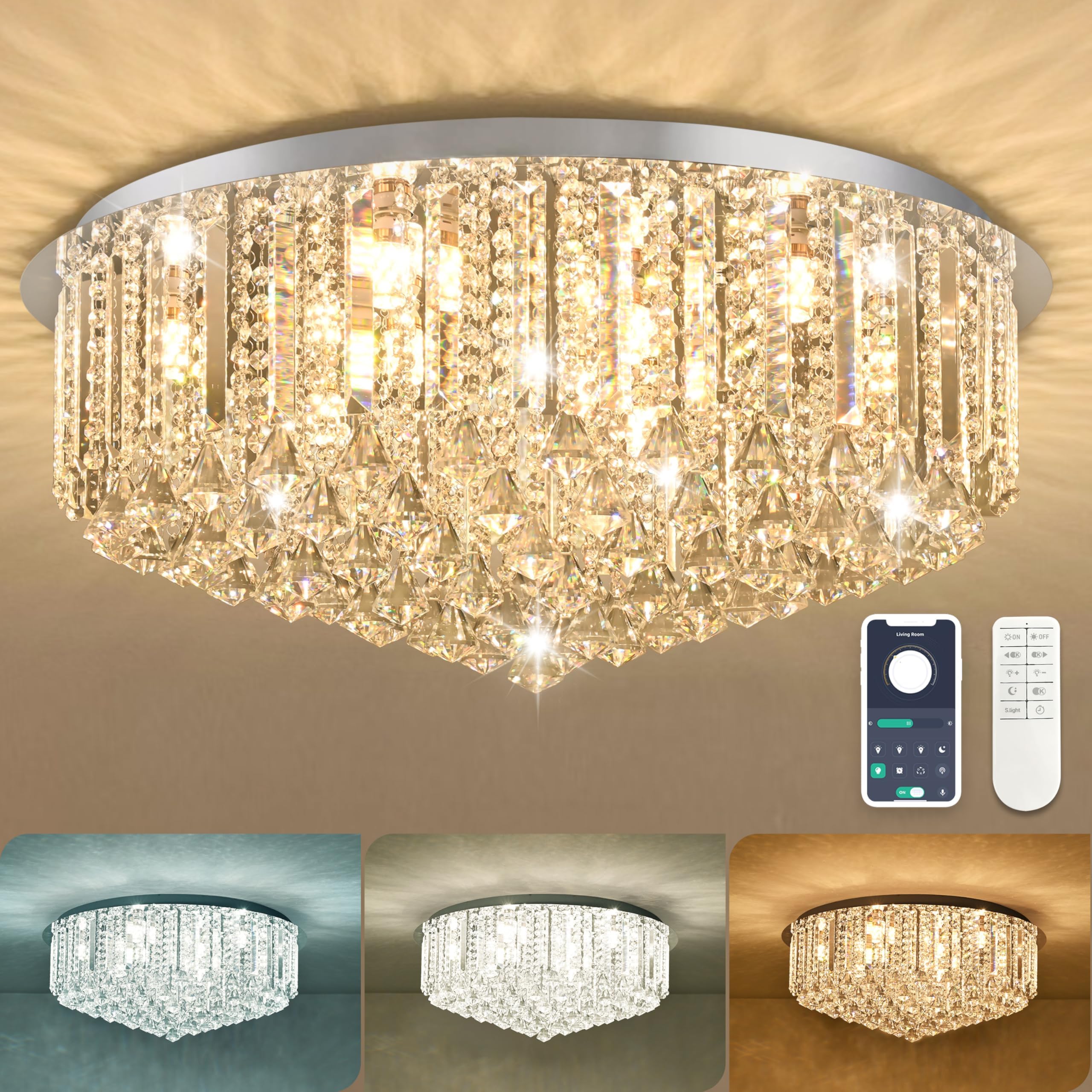 Mccokaige 9-Light 31.5" Crystal Chandeliers for Dining Room,Dimmable Crystal LED Flush Mount Ceiling Light with Remote,Raindrop Modern Chandelier K9