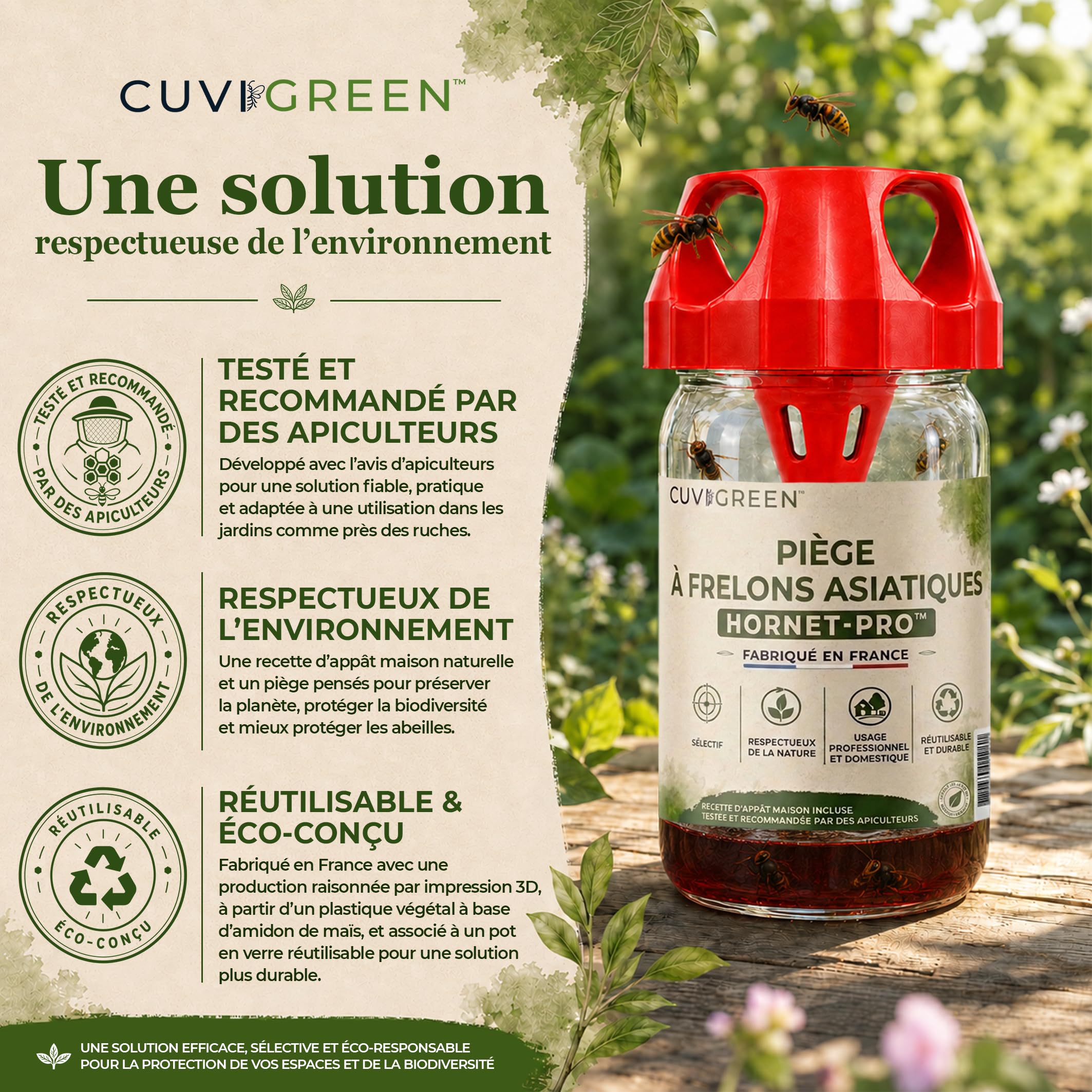 HORNET-PRO™ Azjatycka pułapka na osy, szklana, ekologiczna, selektywna i wielokrotnego użytku, do ogrodów i uli, wyprodukowana we Francji, Cuvigreen™ (x3)