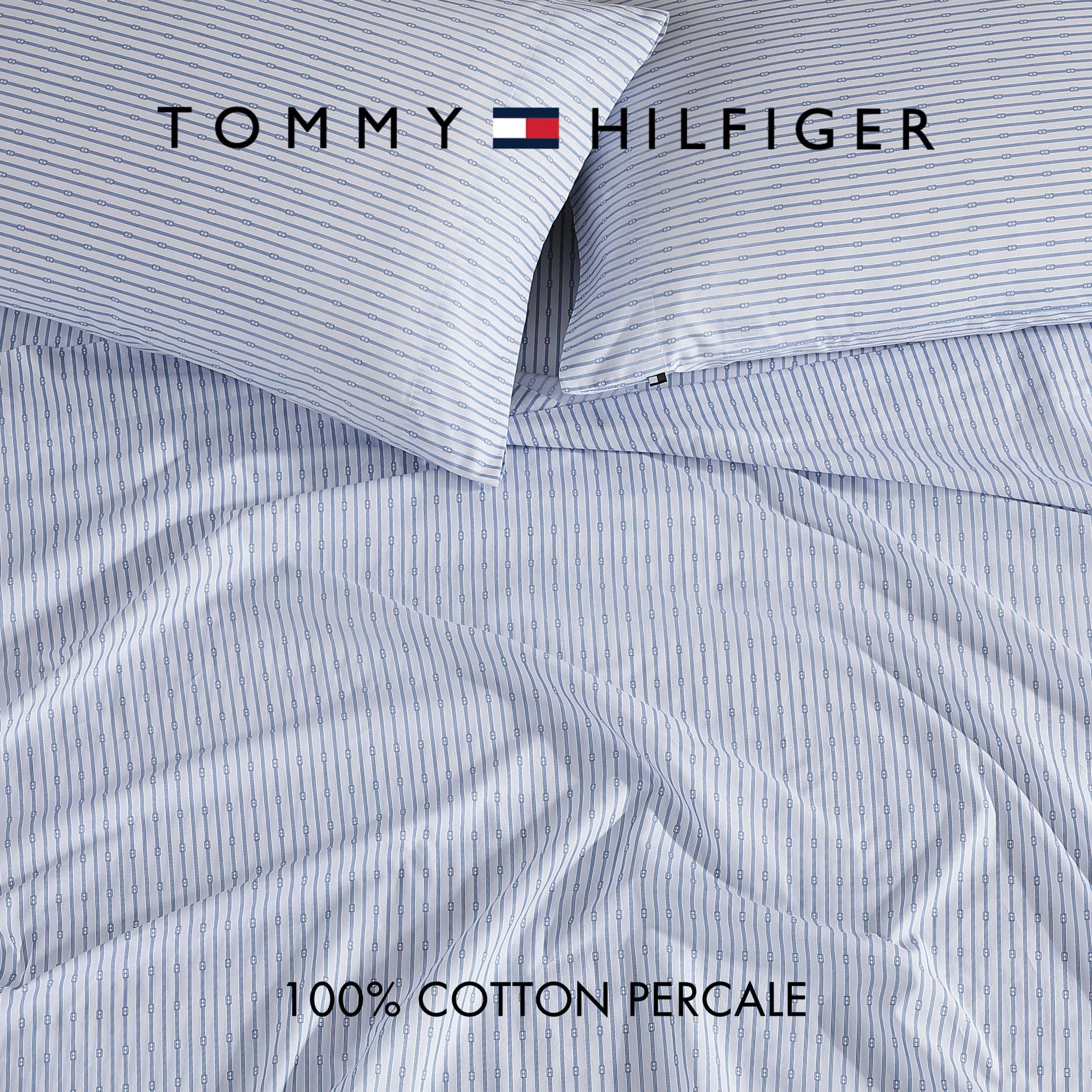 Tommy Hilfiger - Juego de sábanas, Ropa de Cama de percal de algodón con Fundas de Almohada a Juego, Fresco y Fresco, artículos Esenciales para el hogar Monograma Rayas Azules