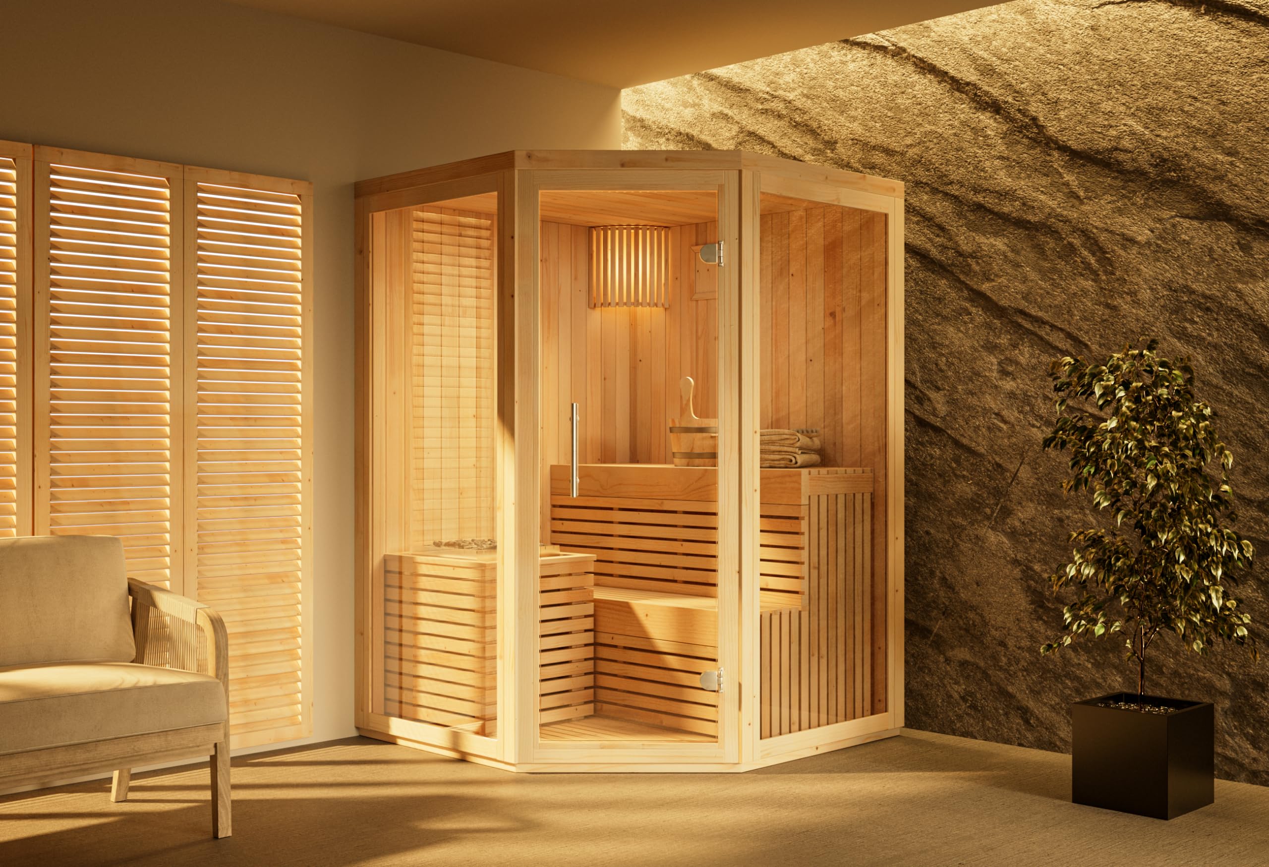 Innensauna Ylva, Ecksauna mit Glasfront für 2 Personen, Innenmaße: B 129 x T 129 x H 191 cm, Hochwertige Saunaliegen, Vorgefertigte Elemente