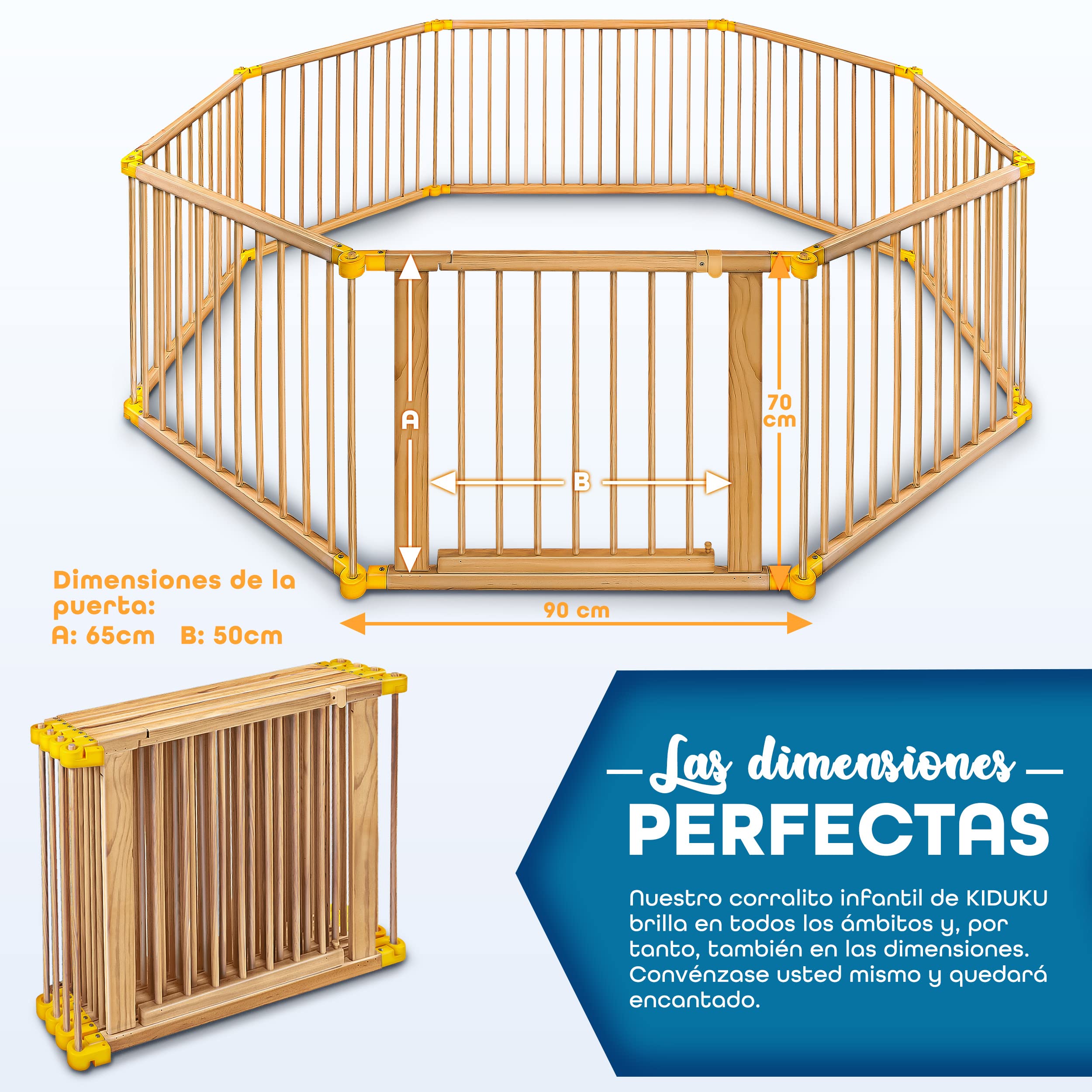 KIDUKU® Parque de bebé XXL 8 Piezas Corralito plegable puerta incluida, forma individual (Amarillo)