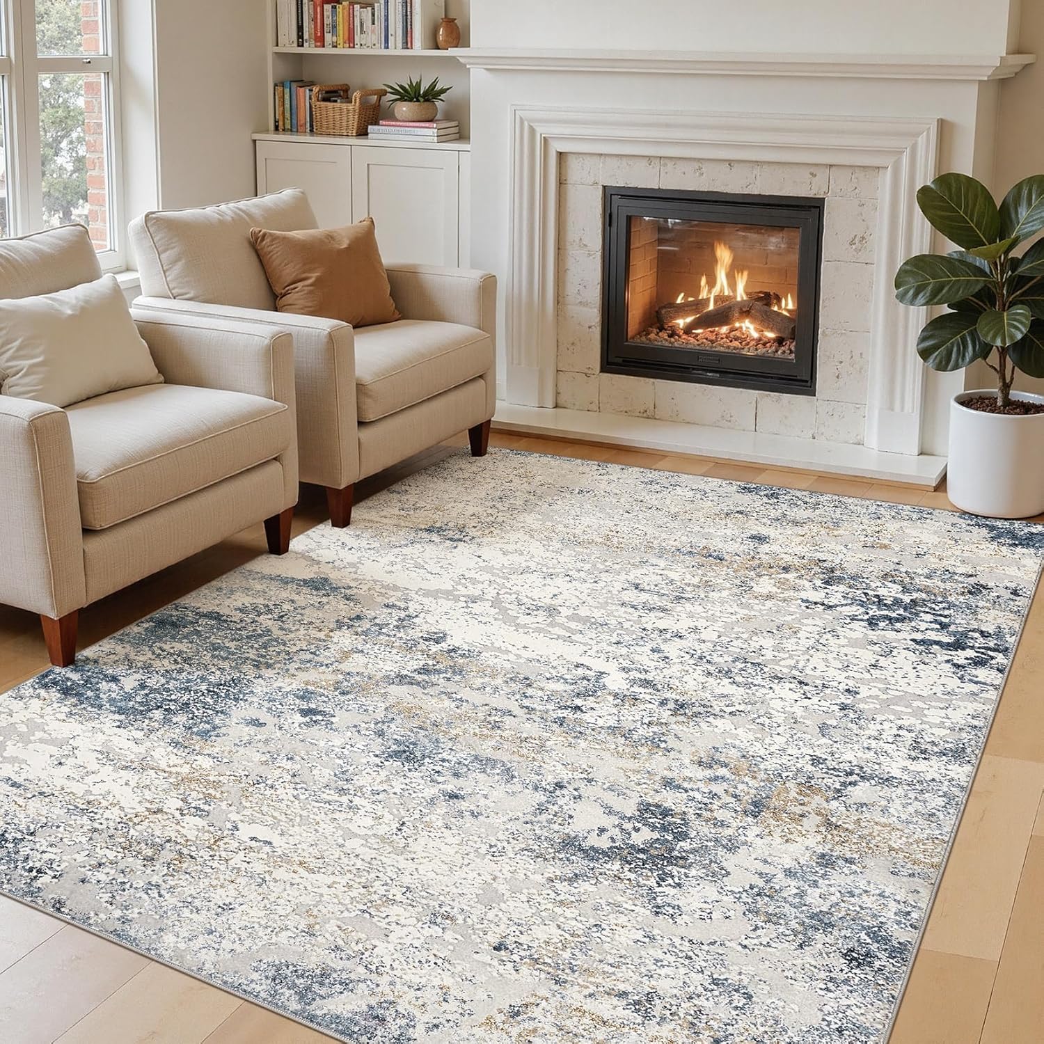 Area Rug Living Room Rugs - 5x7 Abstract Large Soft Indoor Washable Rug Neutral Modern Low Pile Carpet for Bedroom Dining Room Farmhouse Home Office - Beige Blue