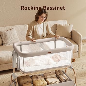 NeoBorn 3 in 1 Baby Bassinet, Bedside Bassinet, Rocking Bassinet for Babies, Breathable Full Mesh, Mattress and Soft Seat, Adjustable Height, Stable and Secure Newborn Crib