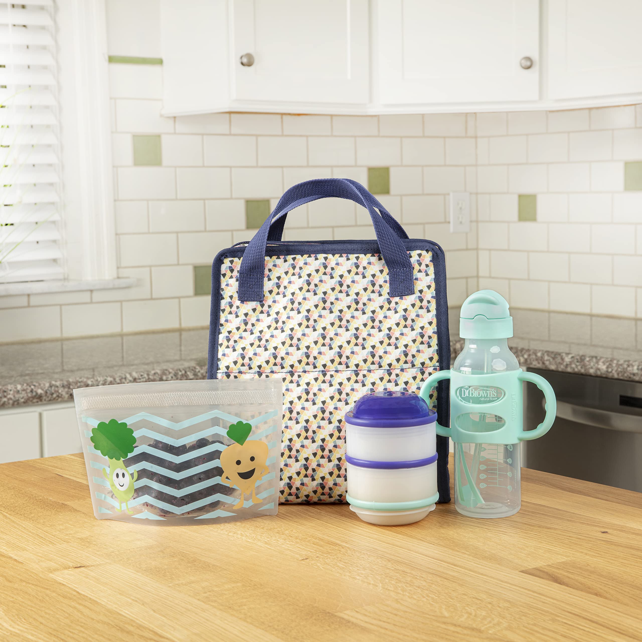 Dr. Brown's Fold & Freeze Flaschentasche, isolierte Reisetasche für Babyflaschen, Aufbewahrung von bis zu 6 Flaschen, mehrfarbig, geometrisch, BPA-frei