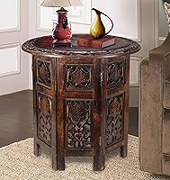 TheWoodenTown 18" Round Carved Wood Side Table - Handcrafted Burnt Finish Accent End Table, Nightstand for Living Room or Bedroom