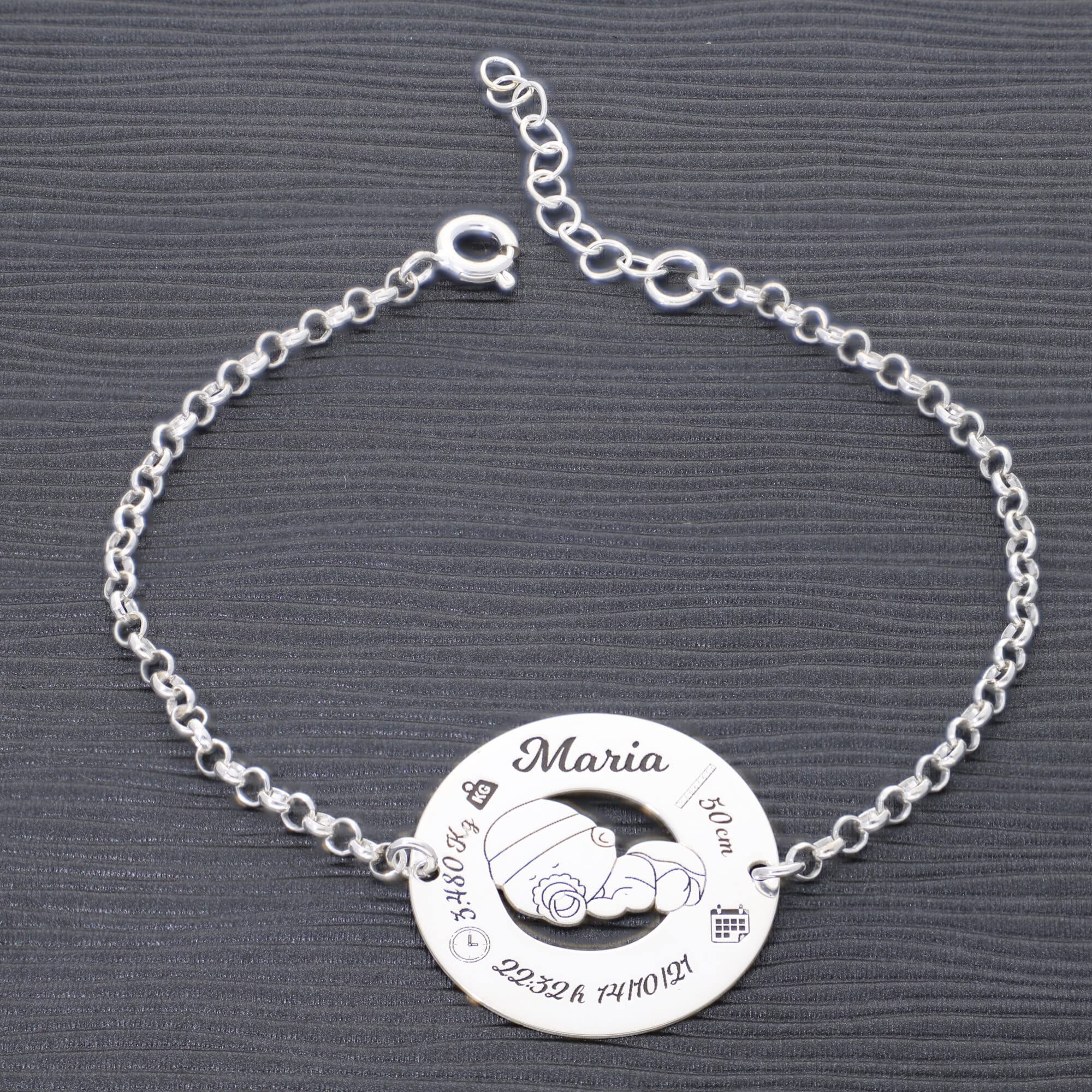 Pulsera de Nacimiento en Plata de Ley - Graba los datos de Nacimiento de tu Bebé - Ideal para la mejor mamá